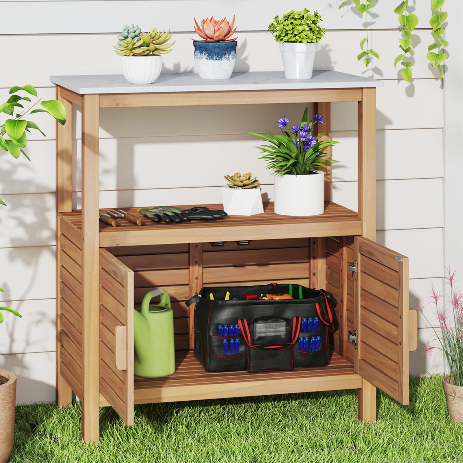 GIANTEX Gartenschrank aus Akazienholz, Outdoor Aufbewahrungsschrank mit 2 Ablagen, Beistellschrank für Balkon, Terrasse, Hinterhof, 80 x 40 x 90,5 cm