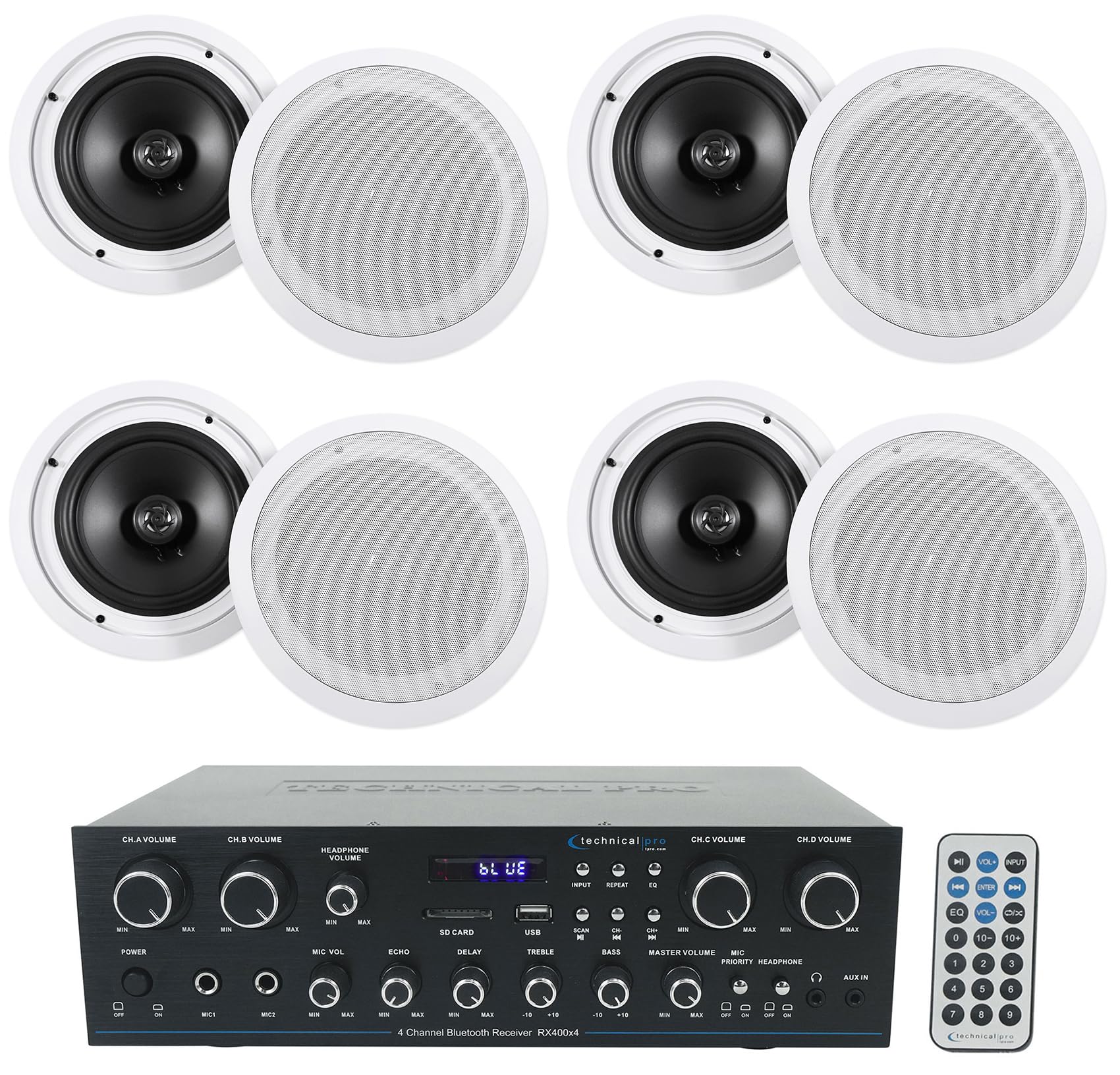 Technical Pro Bundle: RX400X4 4 Channel 8 Speaker Bluetooth Home Receiver+Mic Inputs Bundle with (4) Pairs Rockville HC85 8