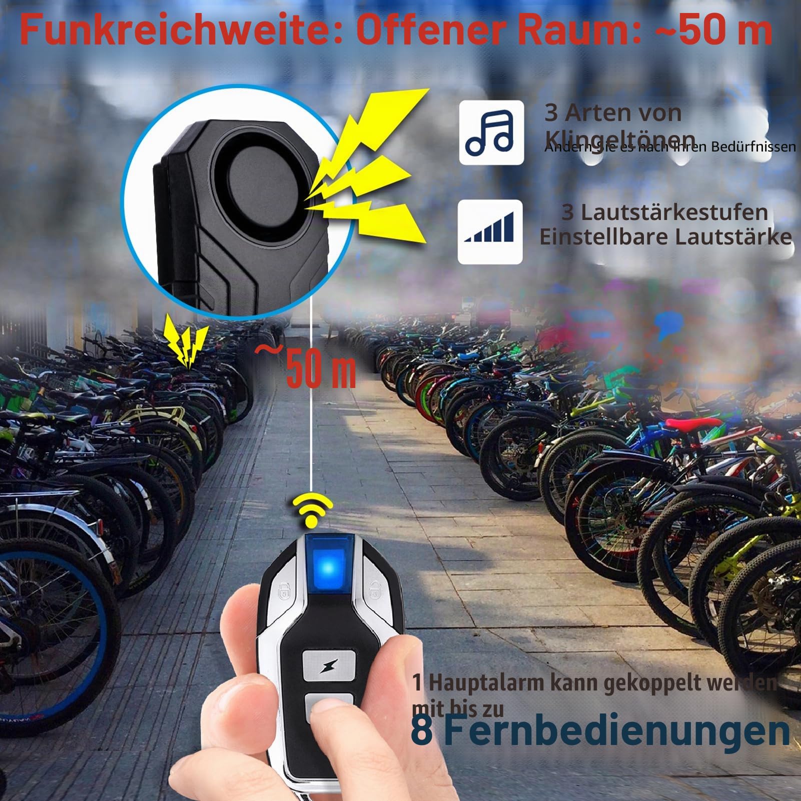 Mengshen Upgraded Fahrrad Alarm 113dB lauter wasserdichter drahtloser Motorradalarm mit Remote Anti-Diebstahl Vibration Motion Sensor für Radsport Sicherheit (4 Sensoren mit 2 Fernbedienungen)