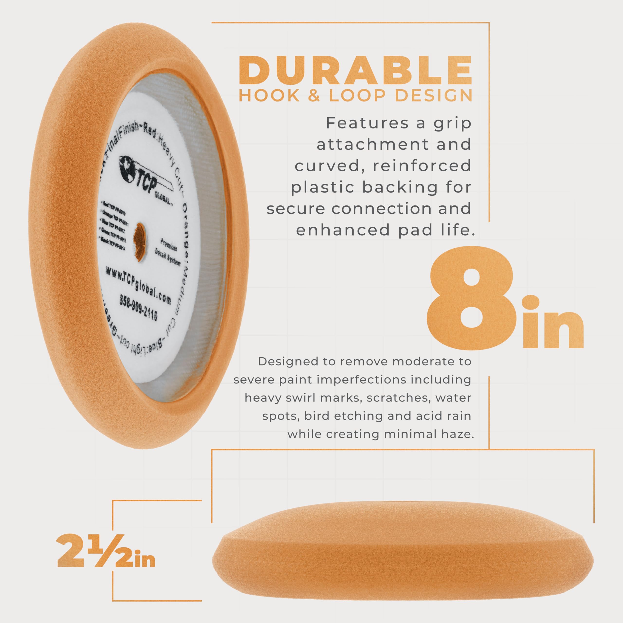 TCP Global 8 Orange Foam Buffing Pad Coarse Cutting Polish Hook & Loop - Standard Grade Cutting Pad by TCP Global