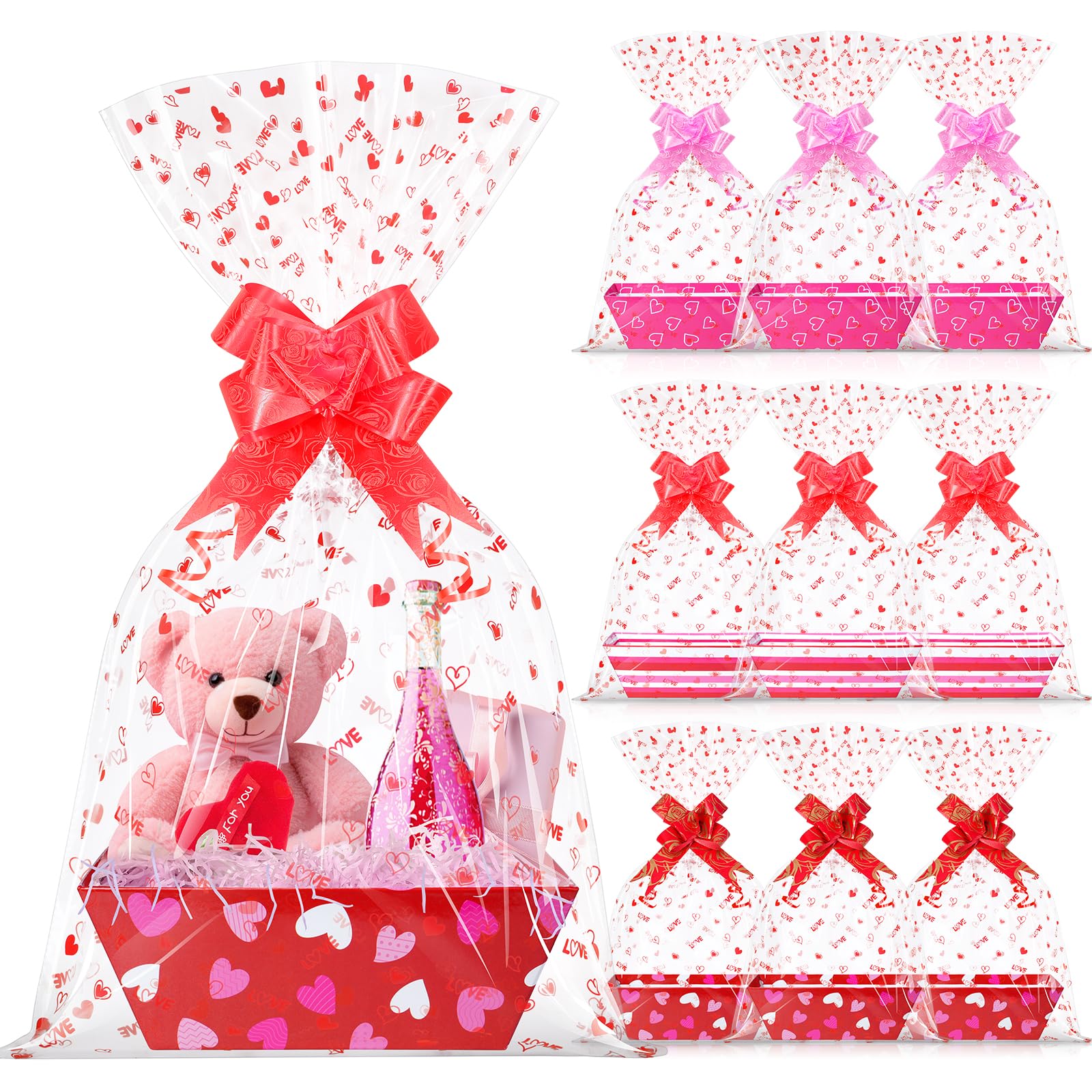 12 Sets Valentines Day Gift Basket Empty with Heart Printed Cellophane Basket Bags, Cardboard Valentine Gift Basket Empty to Fill with Bows Ribbons