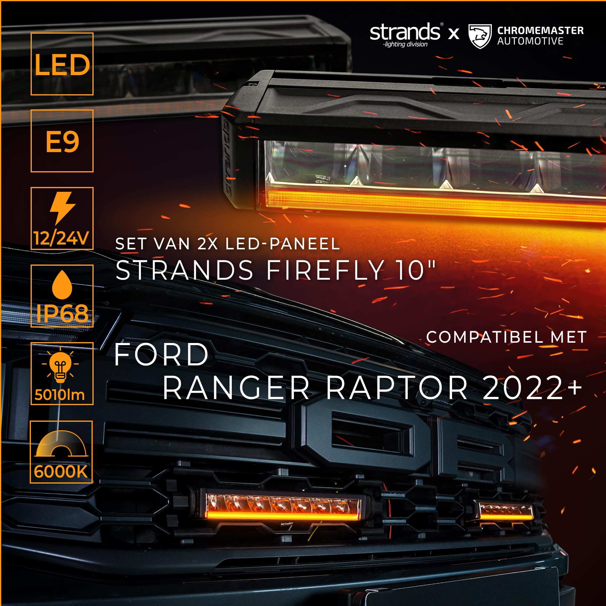 CHROMEMASTER | Due Luci LED Integrate nella Griglia Compatibili con Ford Ranger Raptor 2022+ ; 2x Luci Diurne a Barra LED Strands Firefly 10’’; Omologazione E, 12-24V DC; 3 Modalità di Illuminazione
