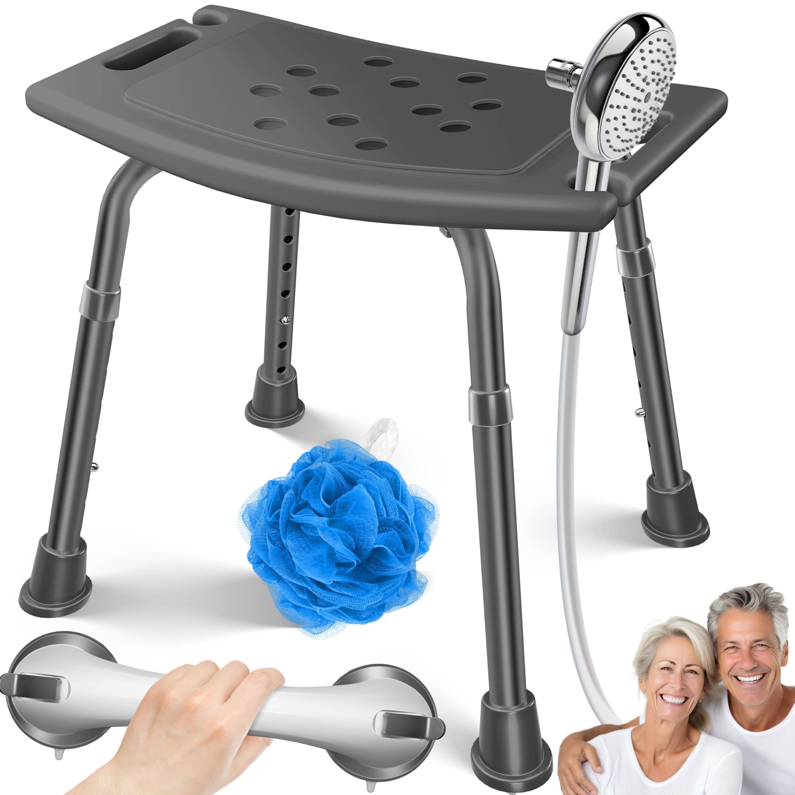 KESSER Taburete de ducha regulable | ligero taburete de baño antideslizante pies de goma silla de ducha soporta 136 kg | ayuda de ducha para personas mayores | asa de sujeción con ventosa | asiento de