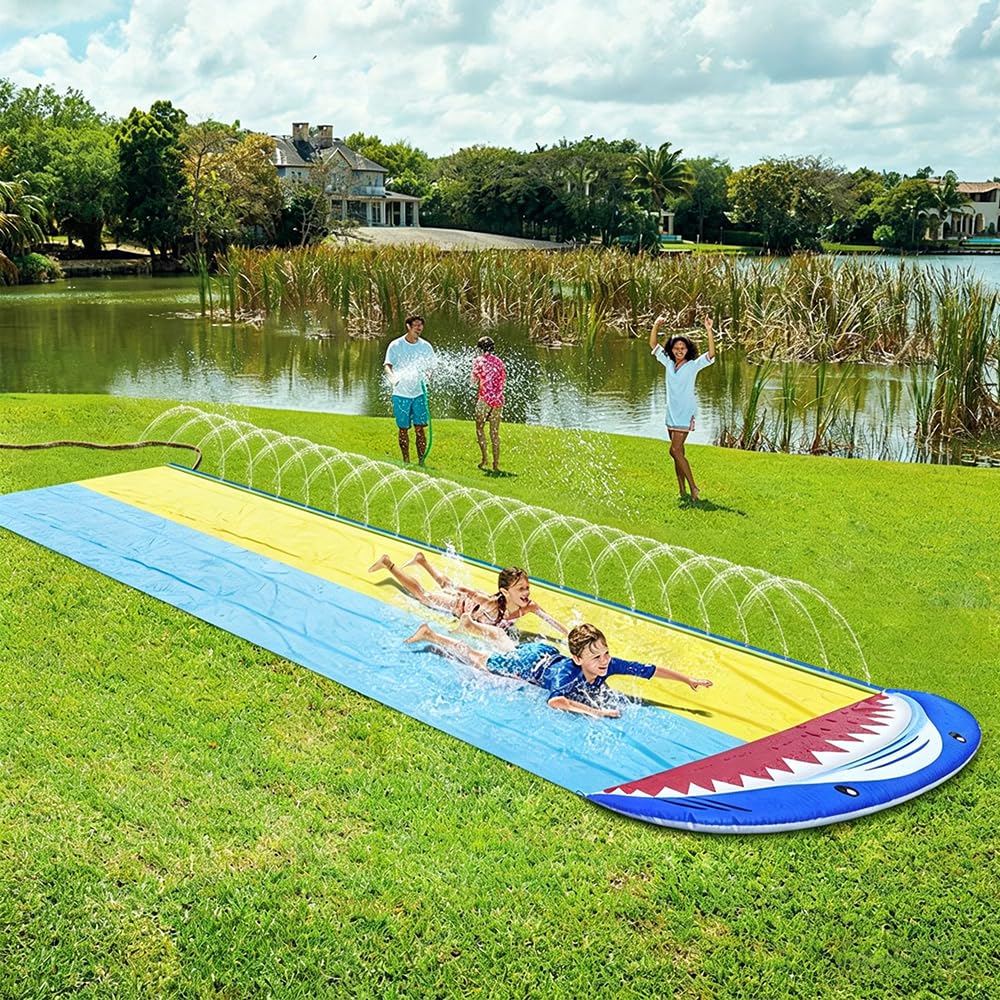 480 x 140 cm Wasserrutsche Garten für Kinder, Wasserrutsche Kinder Draußen, Wasserrutsche Aufblasbare mit 2 Bodyboards, Wasserspielzeug mit Eingebautem Sprinkler für Kinder, Erwachsene, Outdoor