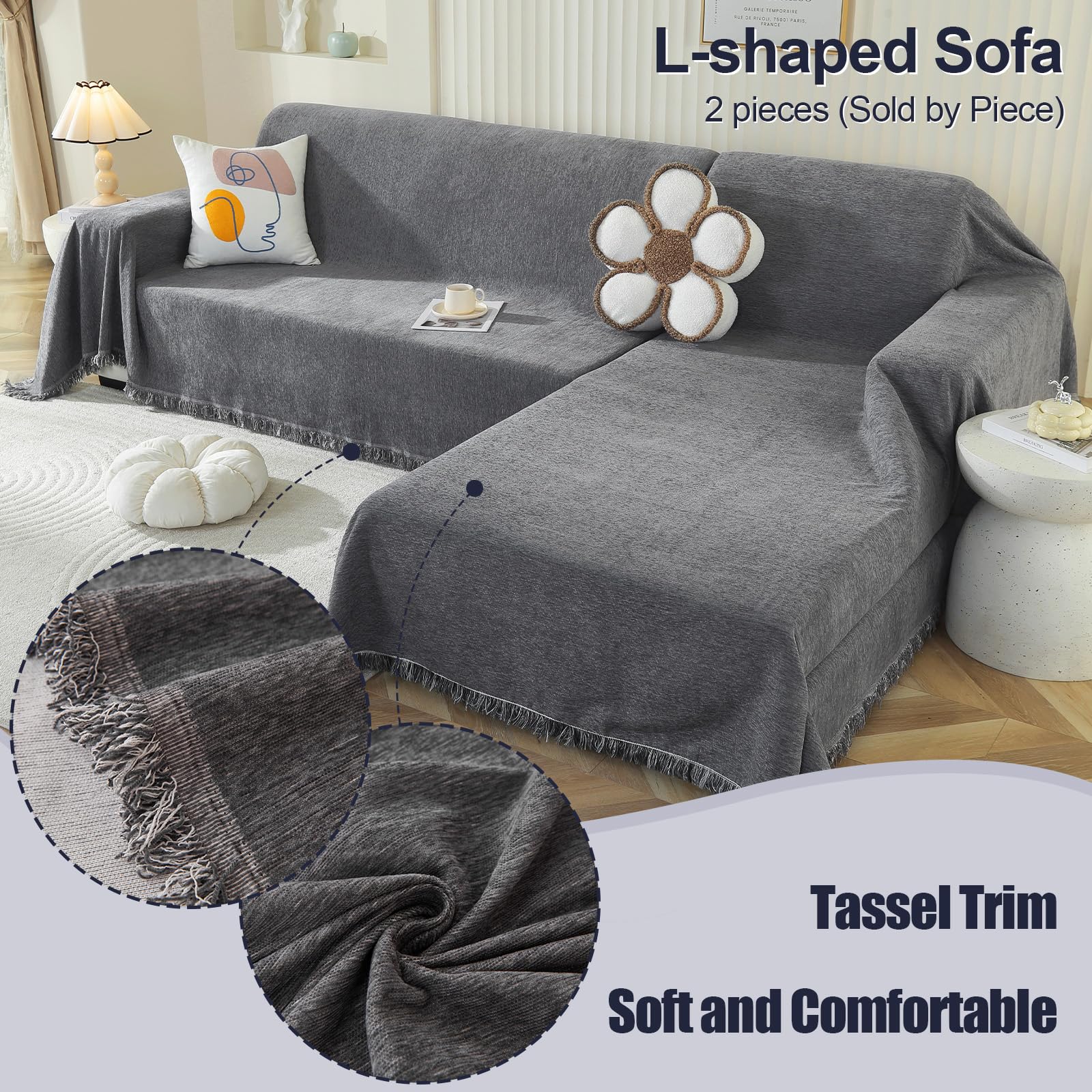 Royhom Chenille Sofa Covers 3 Seater, Corner Sofa Cover L Shape, Washable Couch Cover with Tassel - Image 3