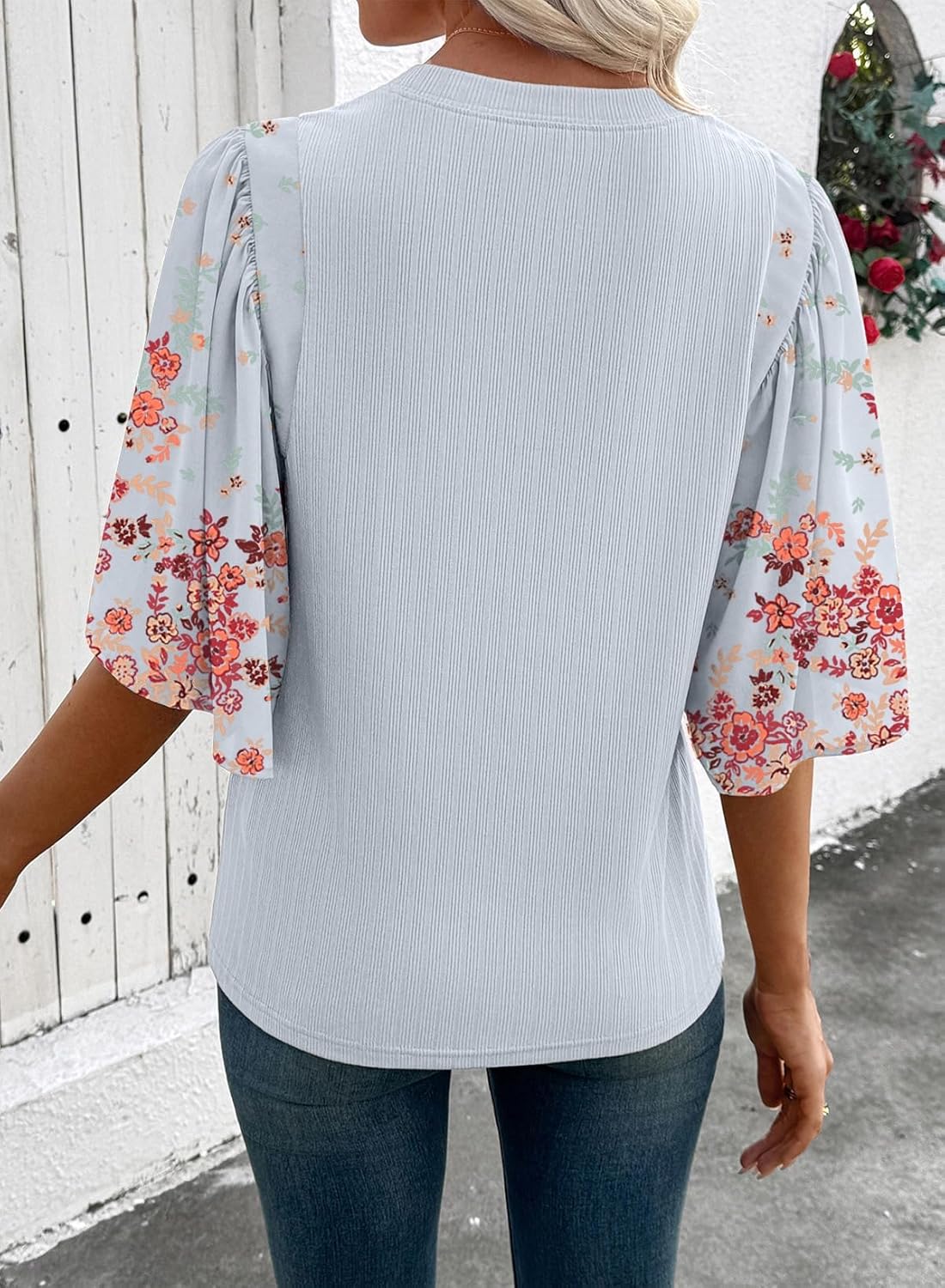 EVALESS 3/4 Length Sleeve Womens Tops Dressy Casual Blouses Floral Print Crewneck Patchwork Shirts 2026 Spring Outfits - Image 4