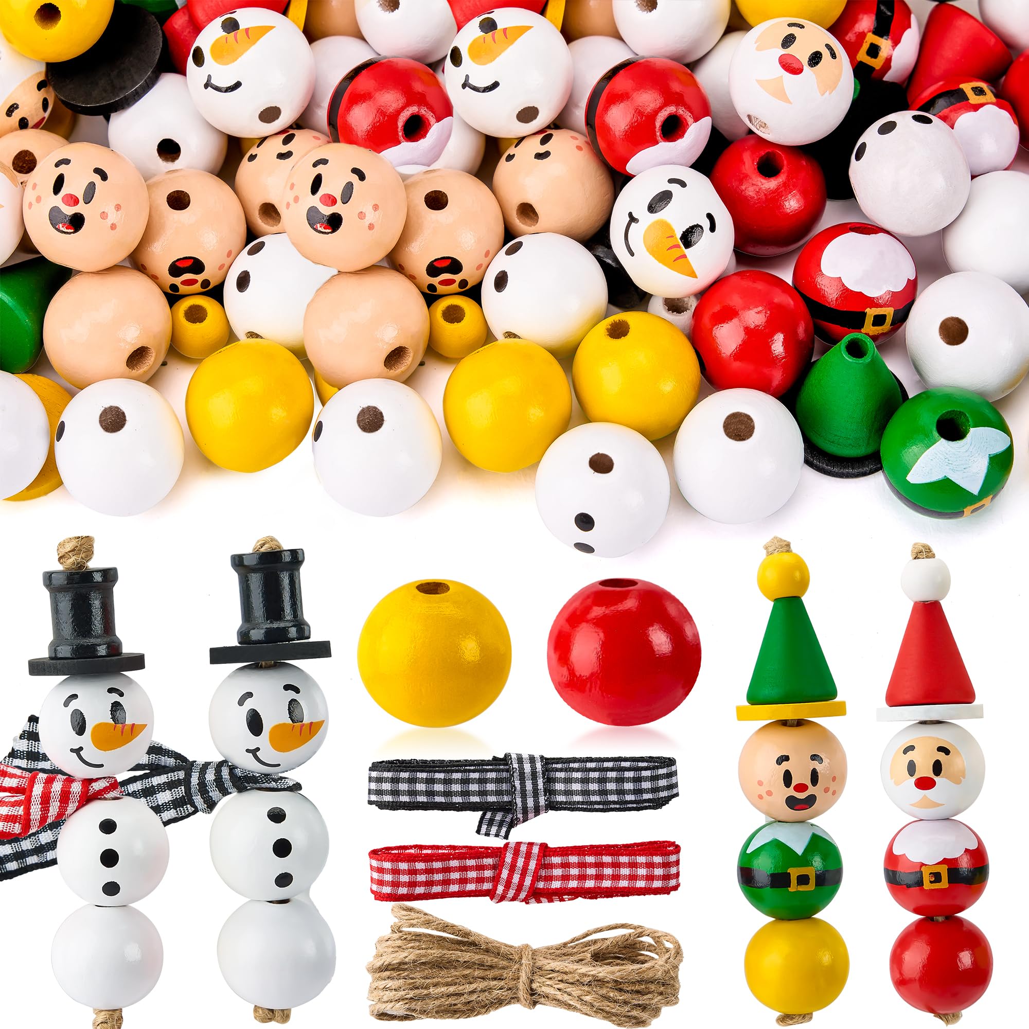 JOYIN 173 Pcs Christmas DIY Wooden Beads Craft, Printed Wood Round Beads Make Up to 30 Hanging Ornaments of Snowman, Santa Santa & Elf for Christmas Craft, Xmas Holiday Decoration,Art Activities