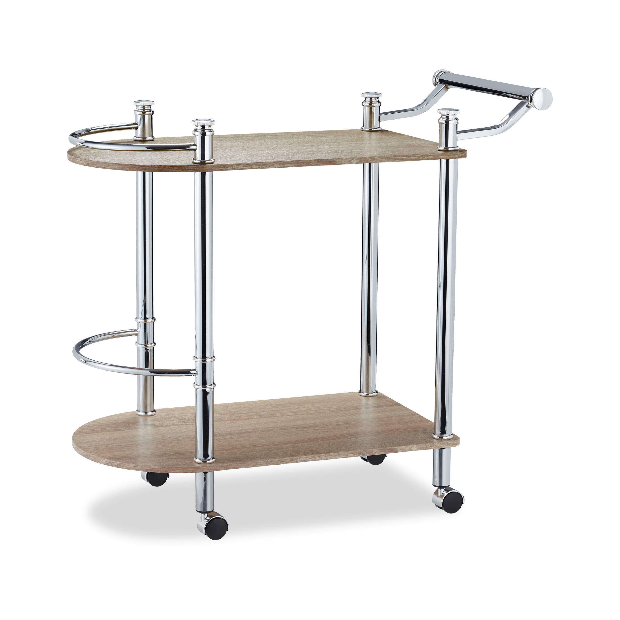 Relaxdays Carrello Portavivande con 2 Ripiani, in Effetto Legno, MDF, Acciaio, 4 Ruote, con Manico, 76x39x82 cm, Marrone