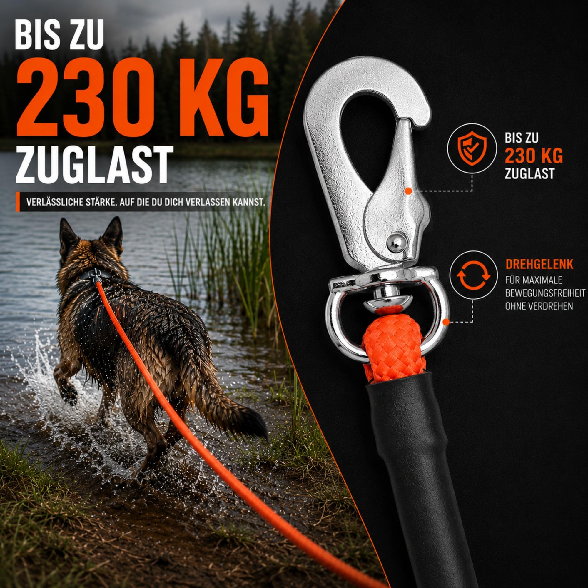 Schleppleine Hund schwimmend, ohne Handschlaufe, 10 m, Leuchtend Orange - robuste Feldleine mit Drehgelenk-Karabiner, Zuglast 230 kg, Trainingsleine für Hunde, Wasser- & Geländearbeit