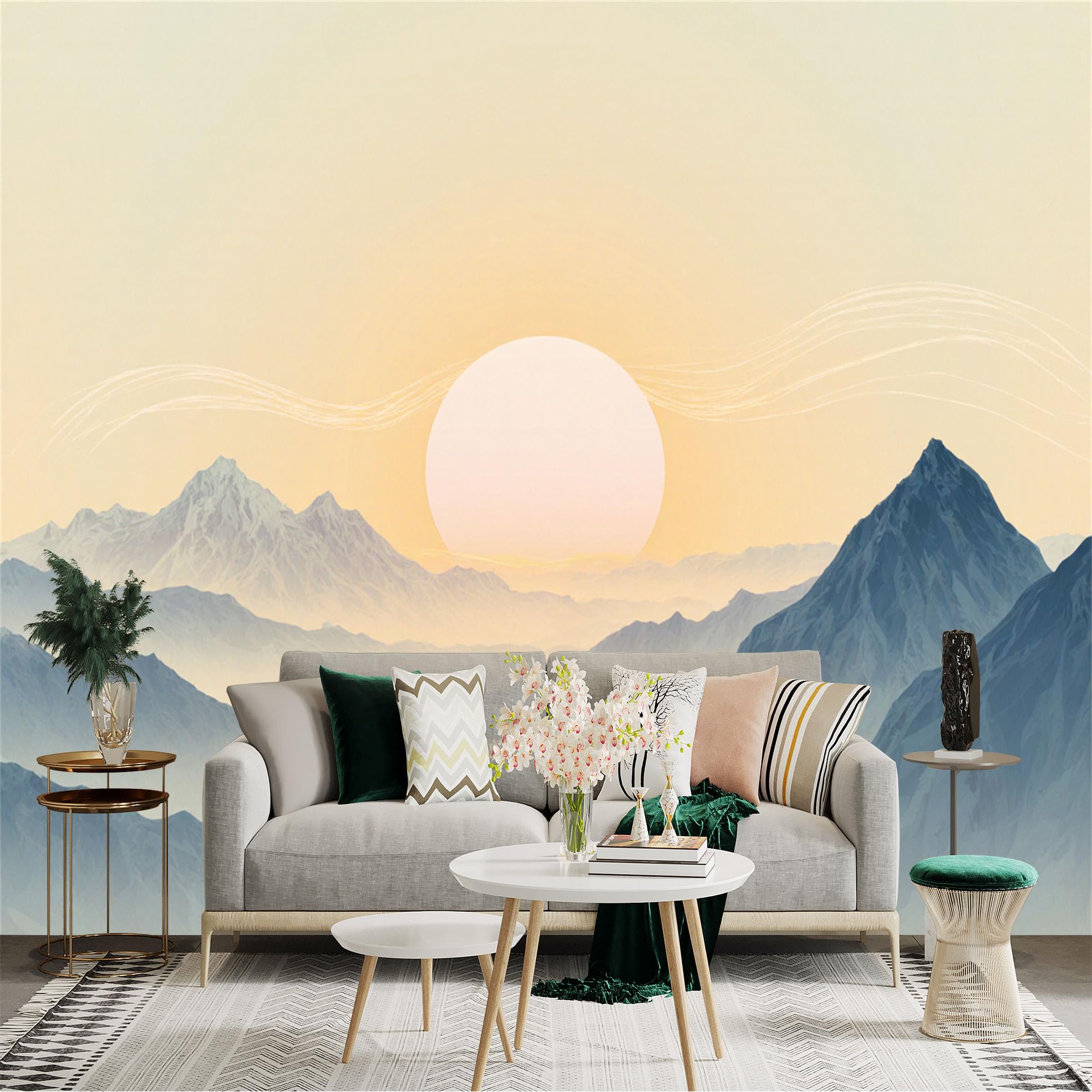 Custom Size Wall Sticker Mural， Minimalist Morning Sun Over Mist Mountains， Abstract Soft Golden Sunrise Landscape， for wall Decoration， peelandstick wall Decals.