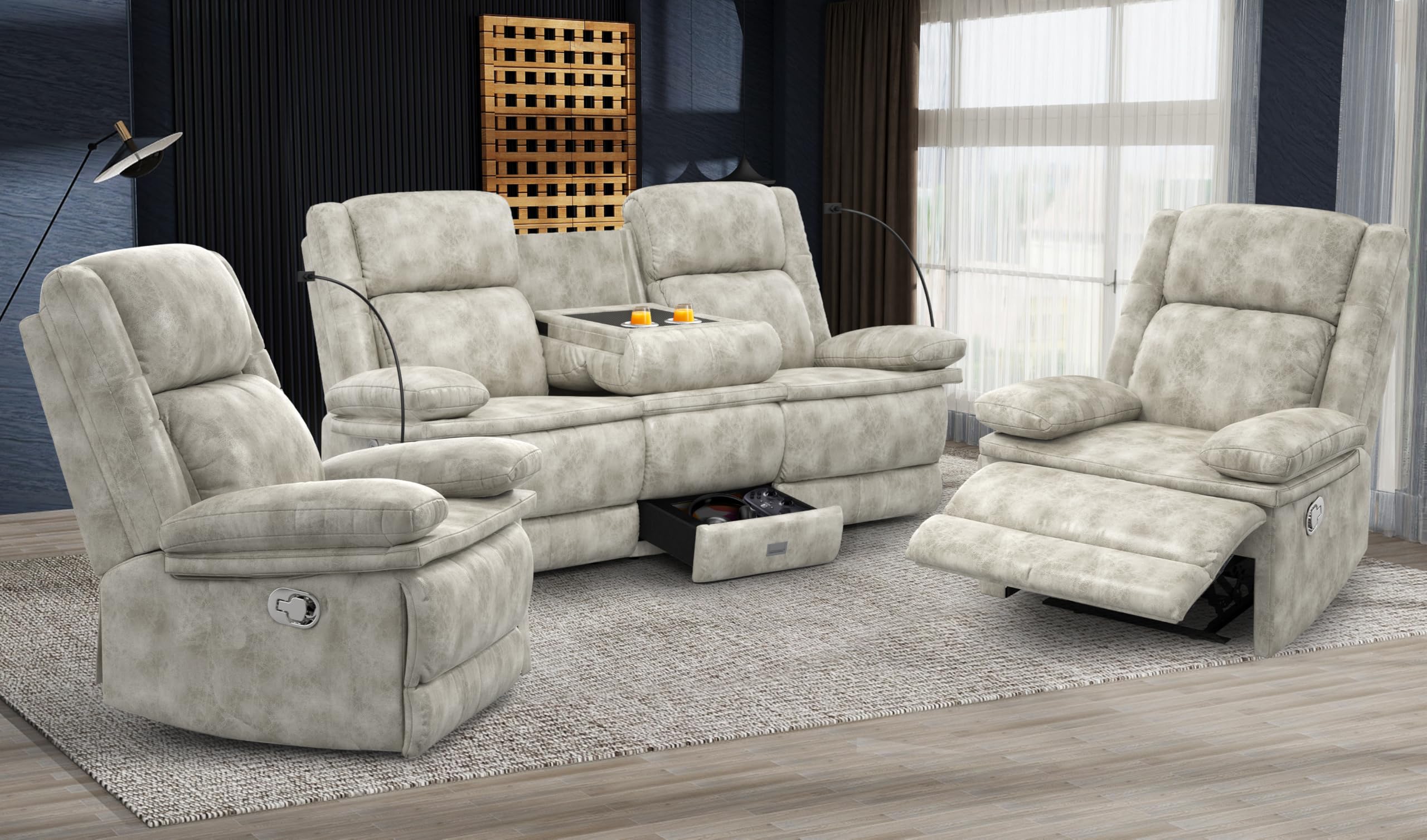 Recliner Sofa 3+1+1 Set, Flip Middle Backrest Design 3 Seater Loveseat Reclining Sofa and 2 Single Oversized Recliner Chair, Manual Couches for Living Room/RV