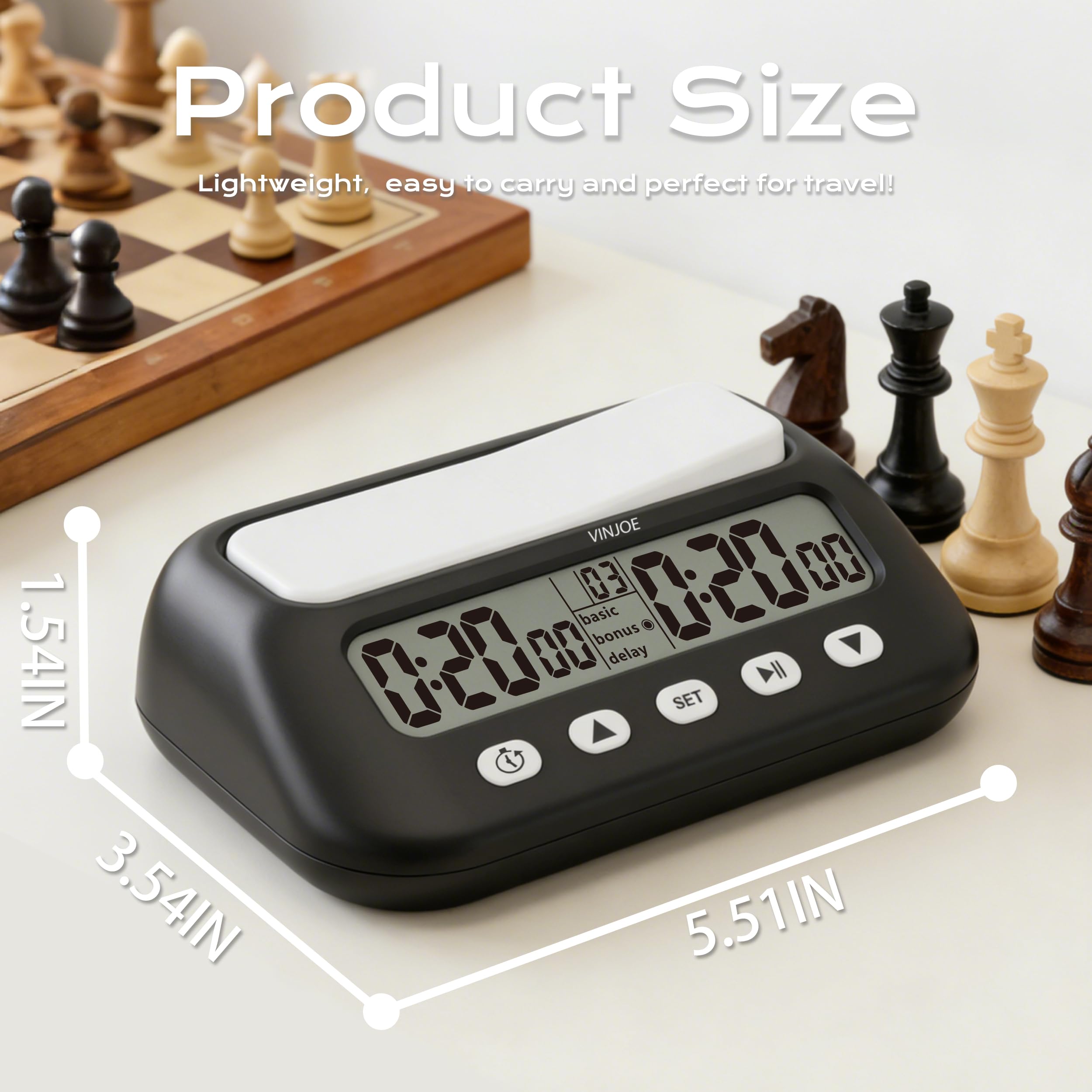 VINJOE Schachuhr, digitaler Schach-Timer, professionell für Brettspiele, tragbare digitale Schachuhr und Spiel-Timer mit Basic, Bonus, Verzögerung und positiver Zeit, beste Geschenke (ohne Batterie)