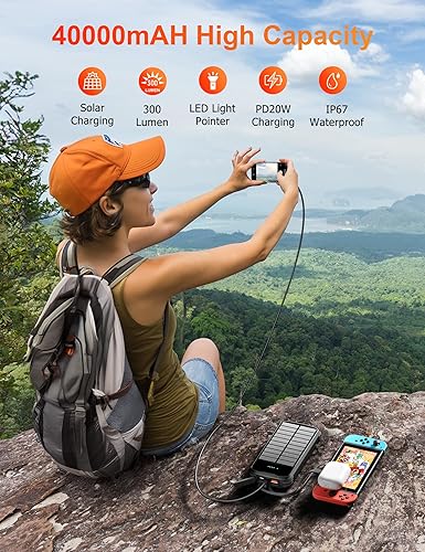 Miniatura 2 de Cargador solar, cargador portátil de 40000 mAh, PD de 20 W, carga rápida, banco de energía solar integrado, 4 cables y entrada USB-C, paquete de