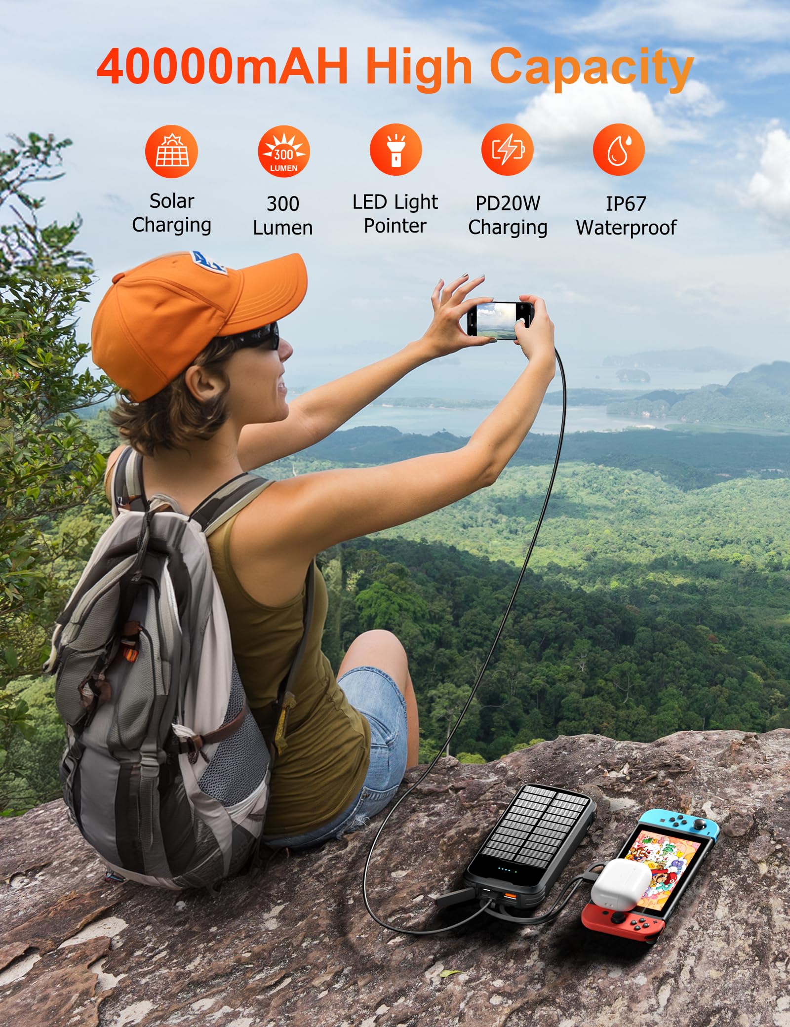 MINRISE Chargeur solaire 40 000 mAh - Chargeur portable PD 20 W - Charge rapide - 4 câbles intégrés et entrée USB-C - Batterie externe avec lampes de poche