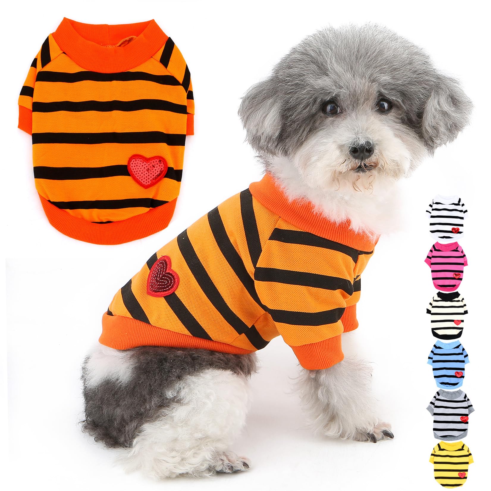 Zunea Dog Shirts for Small Dogs Summer Basic T-Shirt Striped Puppy Clothes Sequins Love Heart Sweatshirt Soft Short Sleeve Tee Shirt Pet Clothing Pullover Chihuahua Apparel Orange S โ image 1