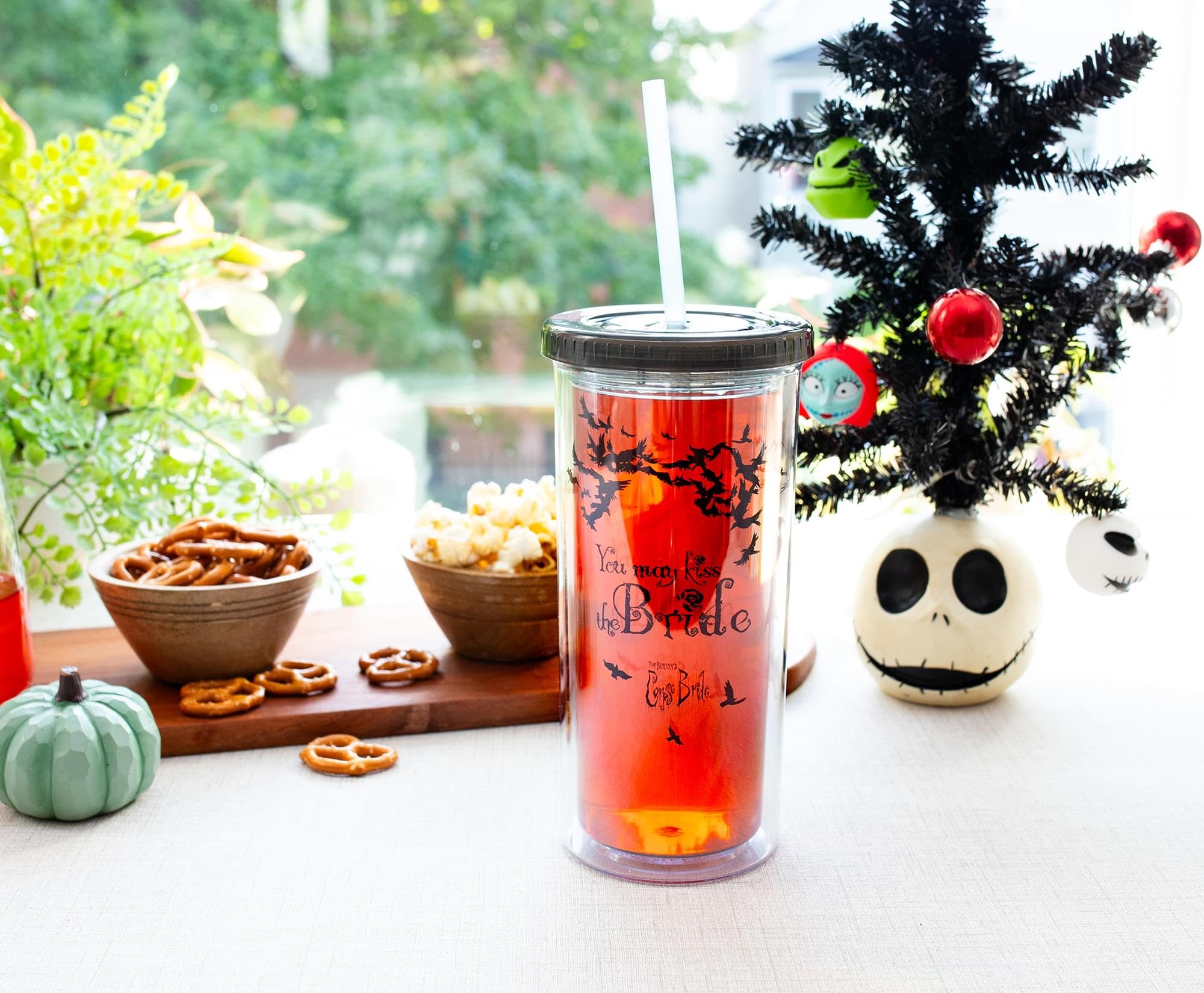 Silver Buffalo Tim Burton's Corpse Bride Emily Plastic Carnival Cup With Spill-Resistant Lid and Reusable Straw | Double-Walled Travel Tumbler For Drinks | Holds 20 Ounces