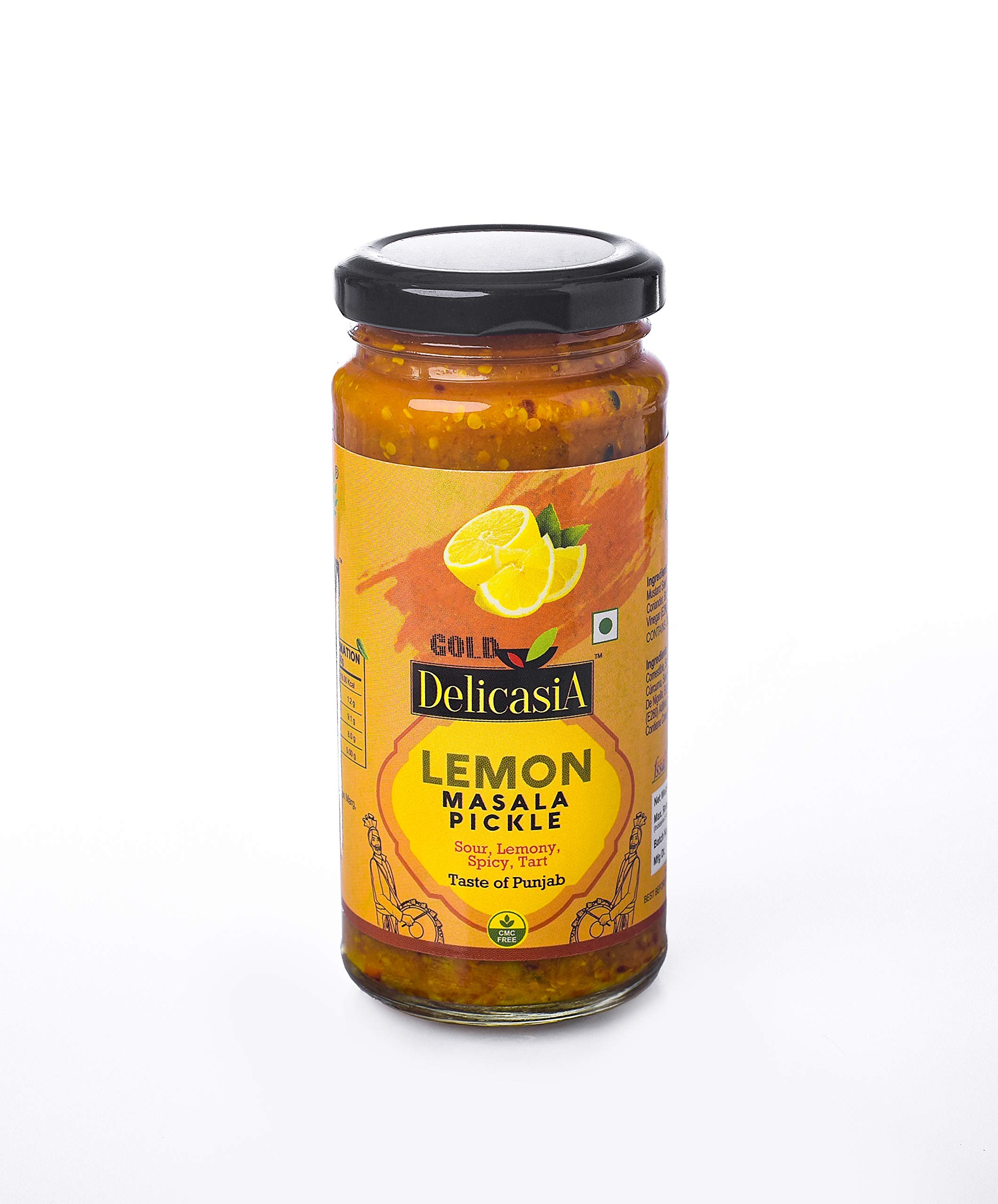 DELICASIA GOLD LEMON MASALA PICKLE 250 gm BRAND OF SR's. INDIAN FLAVOR. NO ARTIFICIAL COLOR AND FLAVORS. GLUTEN FREE. 77 YEARS OF TRUST
