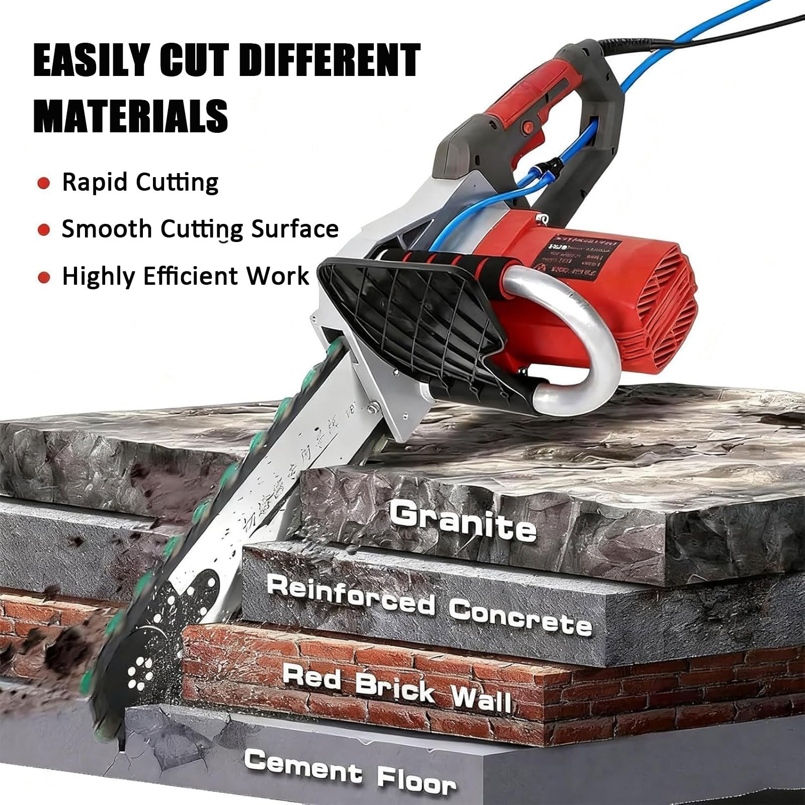 Motosierra Eléctrica para Muros, con Profundidad de Corte de 35/48 cm, Equipo Industrial para Cortar Hormigón con Bomba de Agua, 2 Cadenas y 2 Barras Guía para Granito, Hormigón y Piedra