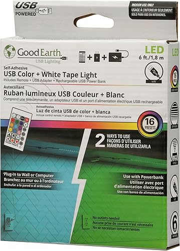 Miniatura 2 de Good Earth Lighting Tira de luz flexible de 120 lúmenes y 3000 K de 6 pies - Banco de energía recargable con adaptador USB con control remoto de