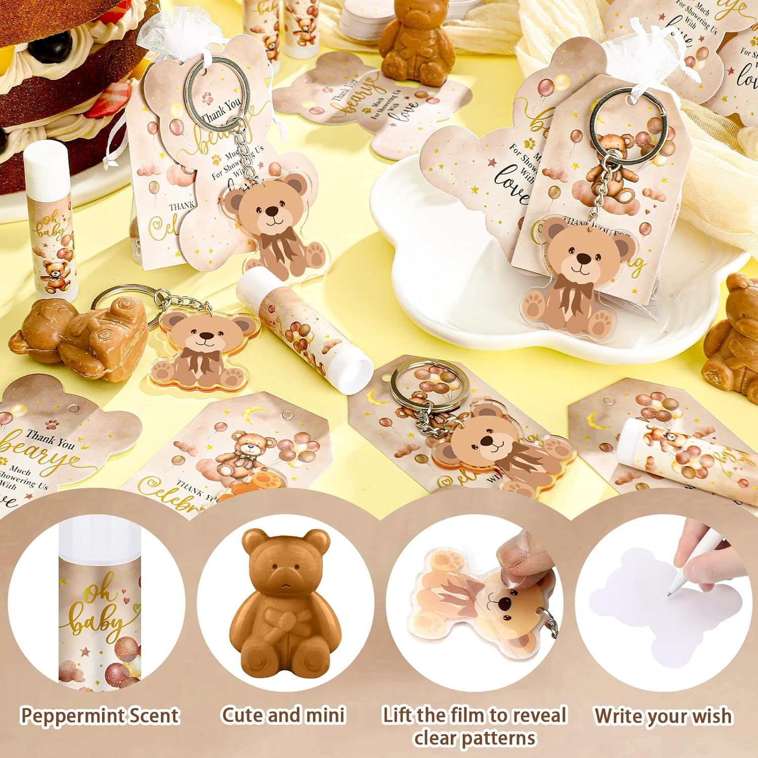 288 Baby Shower Favors Baby Shower Gifts Bulk Lip Balms Soaps Keychains Organza Bags Guest Appreciation Gift with Thank You Tags and Cards for Guest Gift(Brown,Bear)