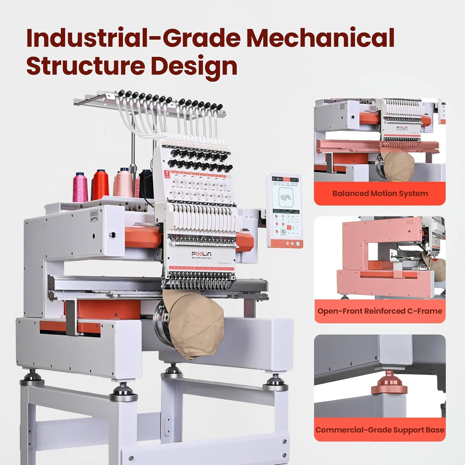 POOLIN EOV 15 Needle Embroidery Machine,14.2"x9.5" Large Area,Professinoal Vison Multi-Needle for Small Business & Home Shop,Cap & Flat Embroidery, Built for Daily Production