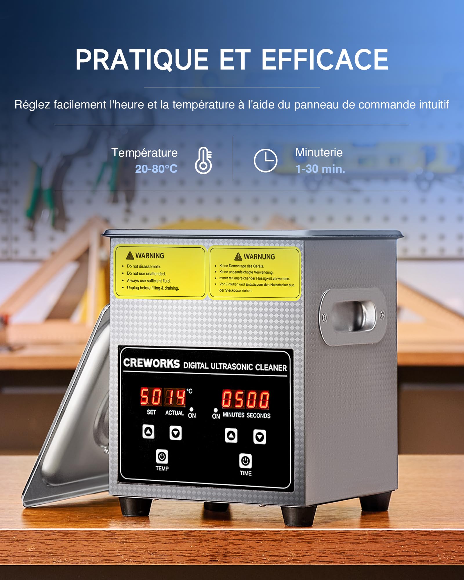 CREWORKS 2L Nettoyeur à Ultrasons 60W Bac Ultrasons 40kHz Professionnelle avec Fonction Minuterie et Chauffage en Acier Inoxydable 304 pour Bijoux Montres Lunettes