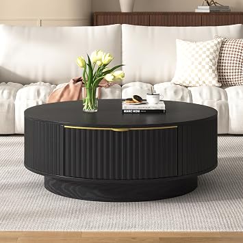 Farmhouse 35.4 Round Coffee Table with Storage Drawer, Golden Handle
