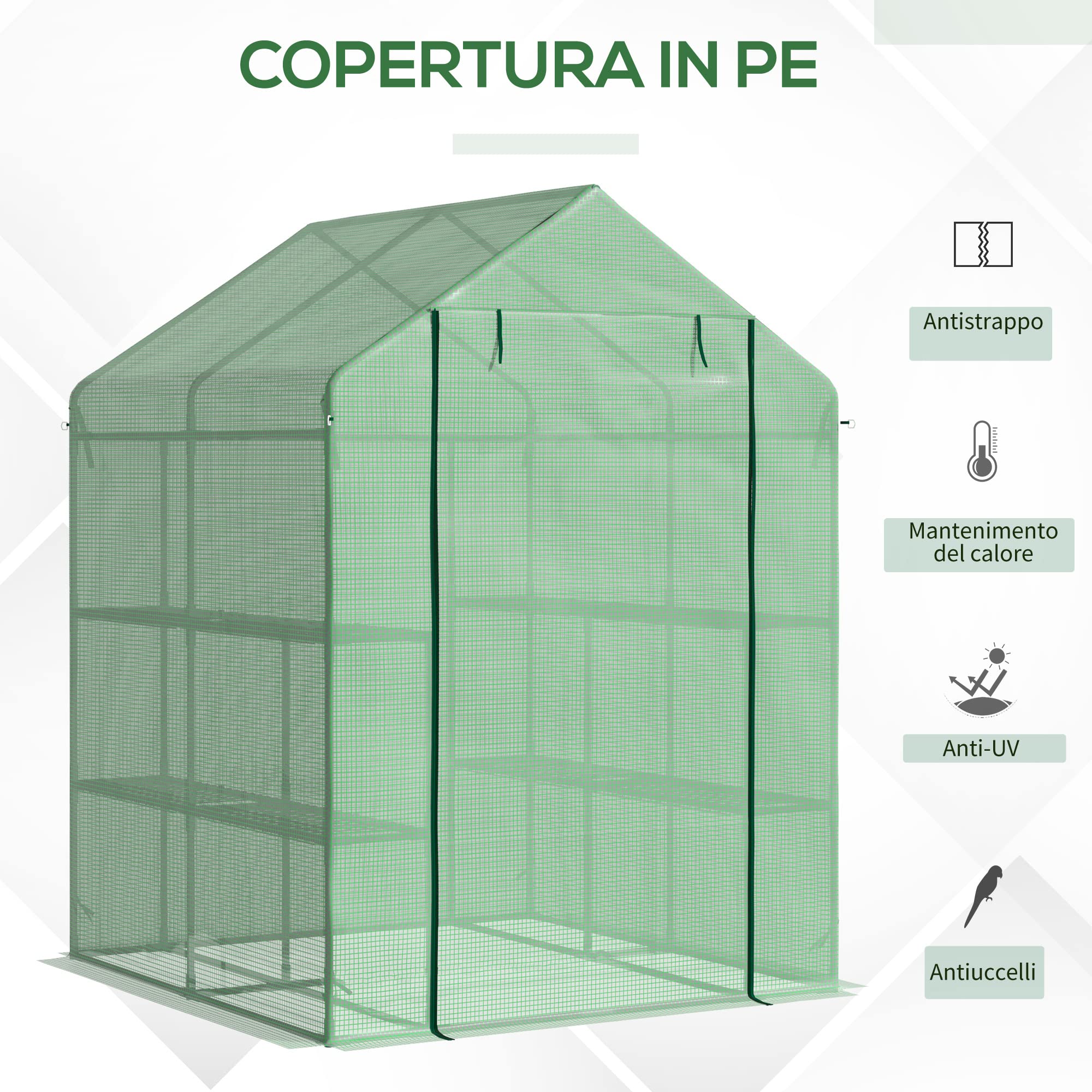 Outsunny Serra da Giardino con Scaffali per Piante, Serra da Balcone con Copertura in PE e Porta Avvolgibile, 143x138x190cm, Verde