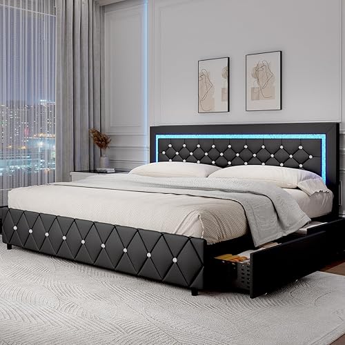 Miniatura 12 de Base de cama de tamaño matrimonial con luces LED, base de cama tapizado con cajones de almacenamiento, cama de plataforma princesa con cabecera y