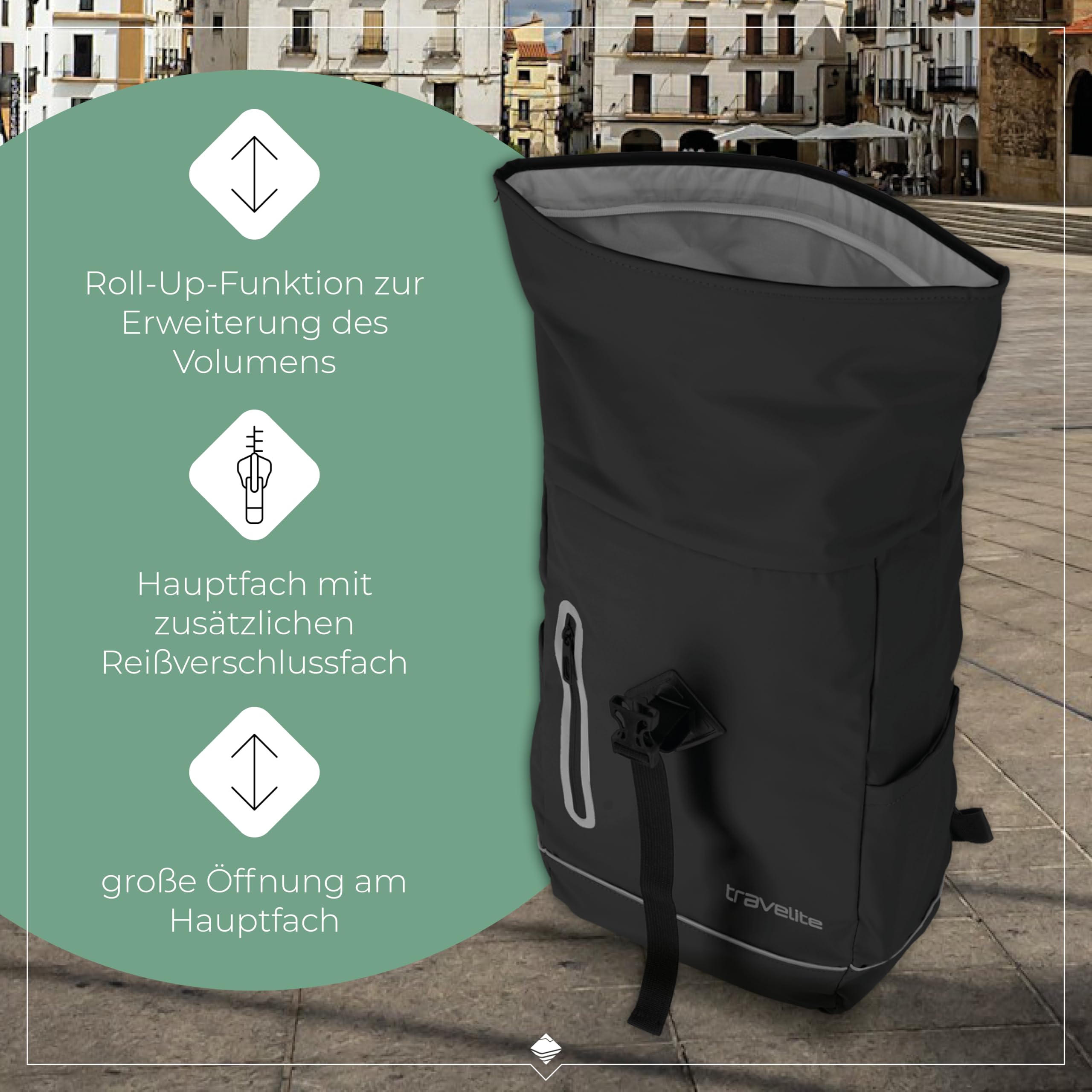 Travelite Rolltop Rucksack wasserfest, Fahrradrucksack, Freizeitrucksack mit Rolltop Verschluss & Reflektoren, BASICS, 48 cm, 19 Liter