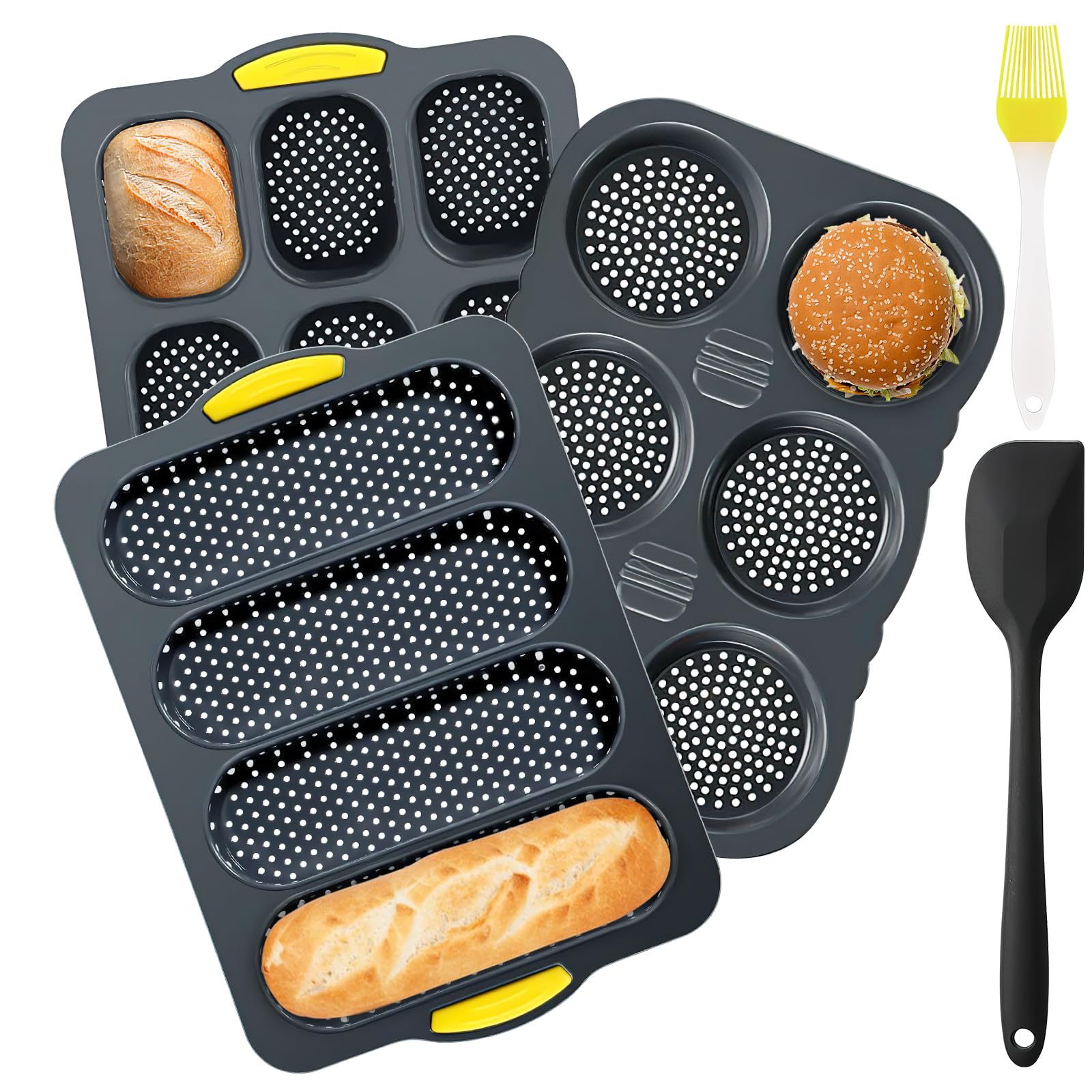 Juego de 5 moldes de pan de silicona antiadherente, molde de varita francés perforado 4/6/9 cavidades, placa de cocción de pan casero con cepillo y espátula, accesorios pastelería (negro)