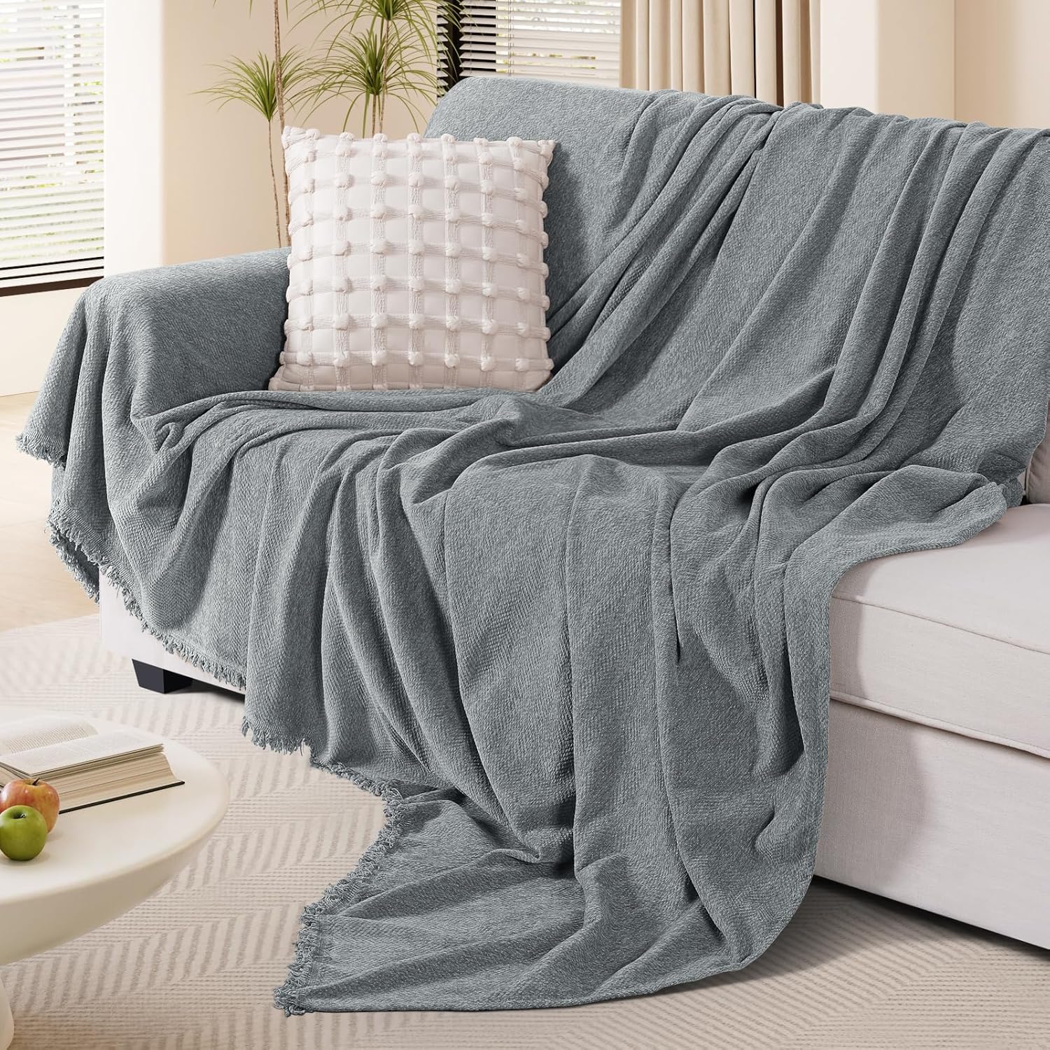 KinCam Couch Covers for 3 Cushion Couch Sofa Cover Washable Sectional Couch Cover for Dogs Tassel Sofa Blanket Cover Pet Friendly Soft and Durable for Most Furniture(91" x 134", Grey)