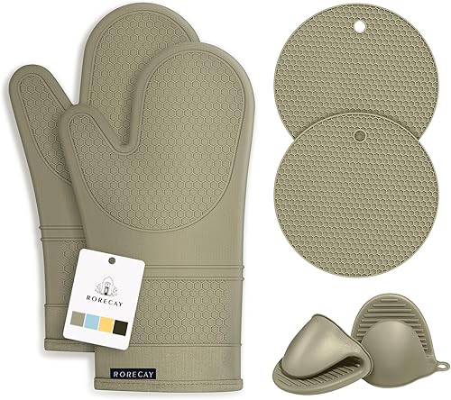 Miniatura 59 de Rorecay Juego de 6 manoplas de horno y soportes para ollas, guantes de silicona extra largos para cocina, resistentes al calor, 500 grados, Milkshake