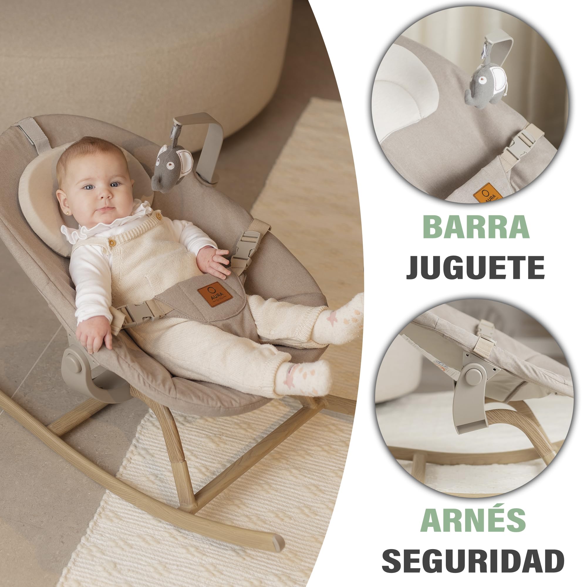 Olmitos - Trona bebé evolutiva 4 en 1 AURA regulable con hamaca alta, balancín, trona y silla alta – desde nacimiento 0+ hasta 12 años – silla infantil multifunción (Beige)