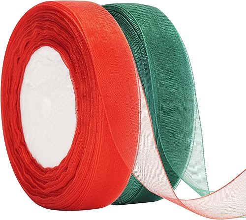 joycraft Cinta de regalo, cinta de organza transparente, cinta de Navidad, cinta hecha a mano, 50 yardas x 0.78 pulgadas, cinta roja y verde, cinta