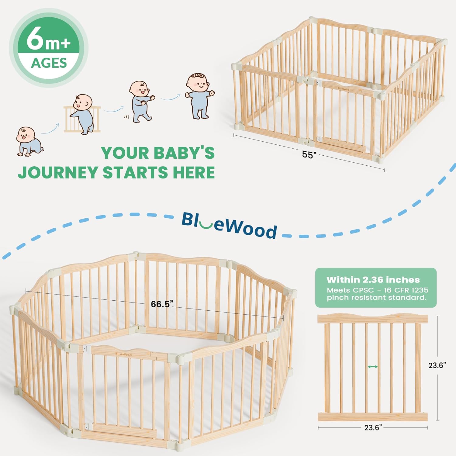 Foldable Wooden Playpen - Adjustable Wood Baby Play Yard with Child-Proof Lock, Indoor Large Safety Fence for Babies and Toddlers - Easy Assembly, 55 x 55 x 24 inches, Nature Nest