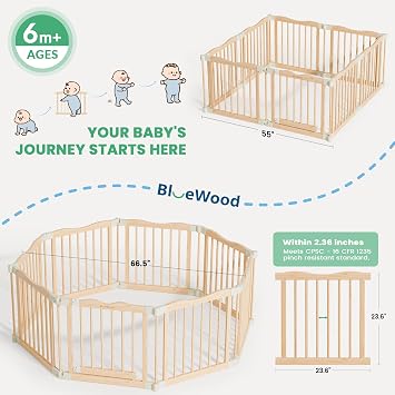 Foldable Wooden Playpen - Adjustable Wood Baby Play Yard with Child-Proof Lock, 12 Panels