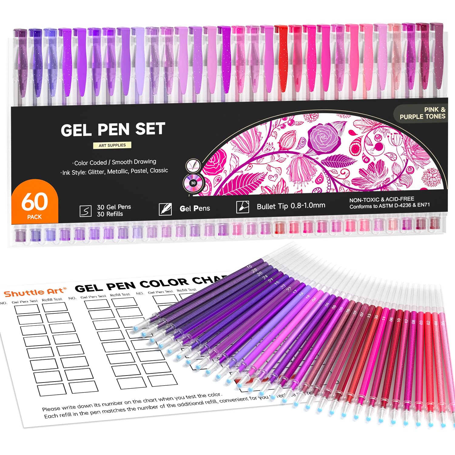 Shuttle Art 60 Pack Tone , Pink Purple Gel Pens with 30 Refills for Adults Coloring Books Journaling Drawing Nature, Landscapes, Animals Scenes