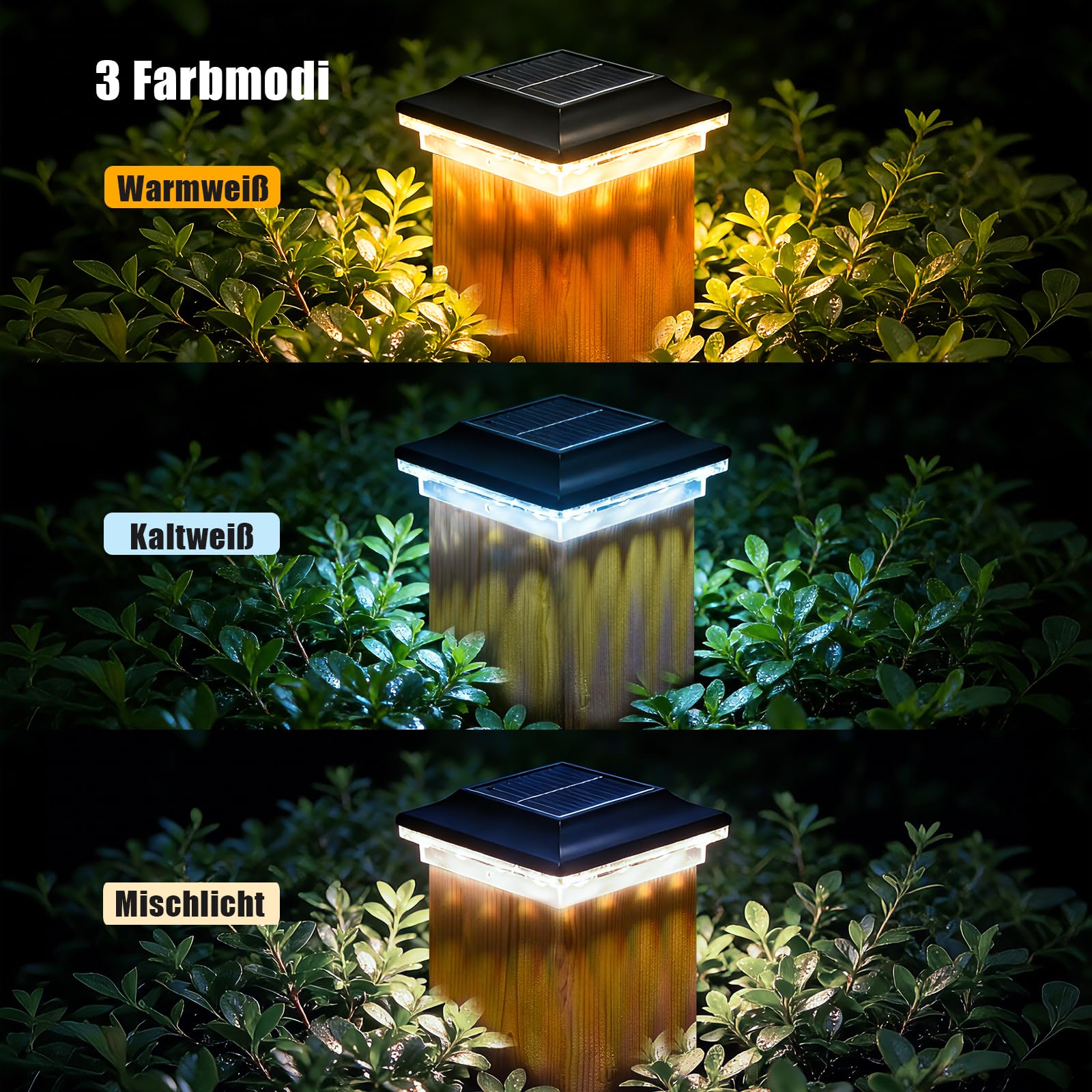 4er Pack Solar Pfostenleuchten Außen, LED Pfostenkappen Solar 9x9 10x10, IP44 Wasserdichte Pfostenlampe mit 3 Farbmodi (Kaltweiß/Warmweiß/Mischlicht), Säulenleuchte für Terrasse Zaun Pfosten