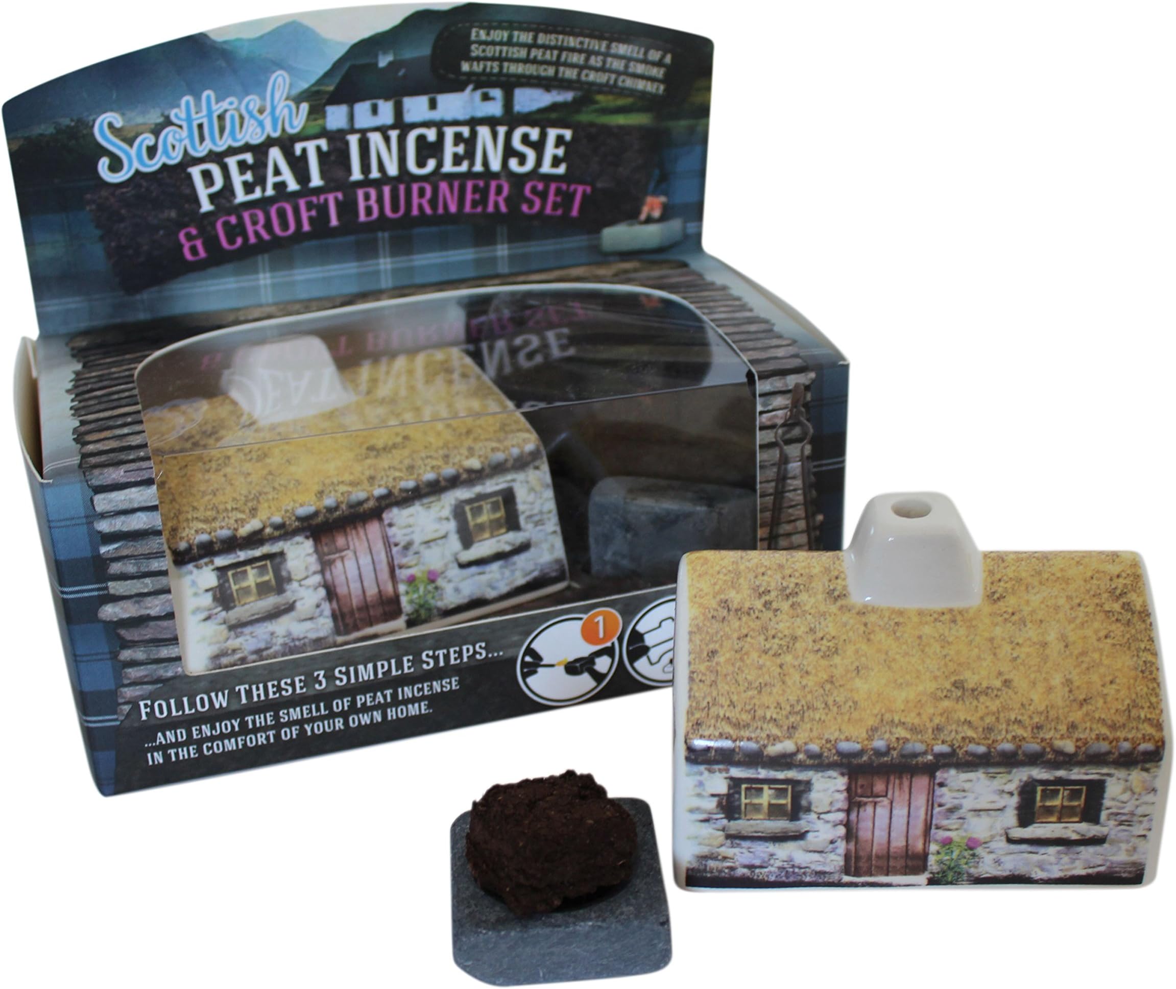 Scottish Turf Peat Incense With Ceramic Traditional Highland Cottage Burner