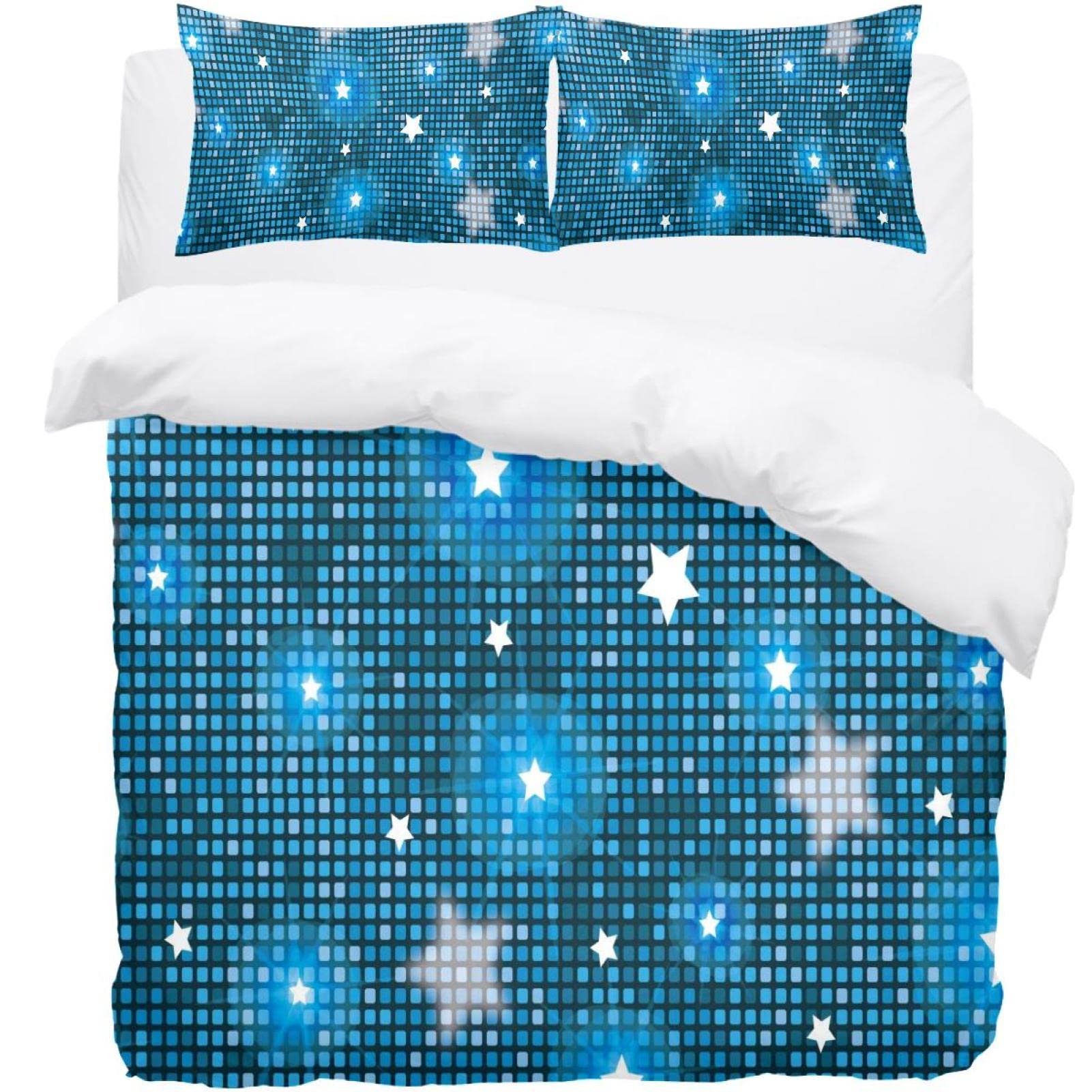 Parure de lit housse de couette et 2 taies d'oreiller bleu à motif étoiles imprimées