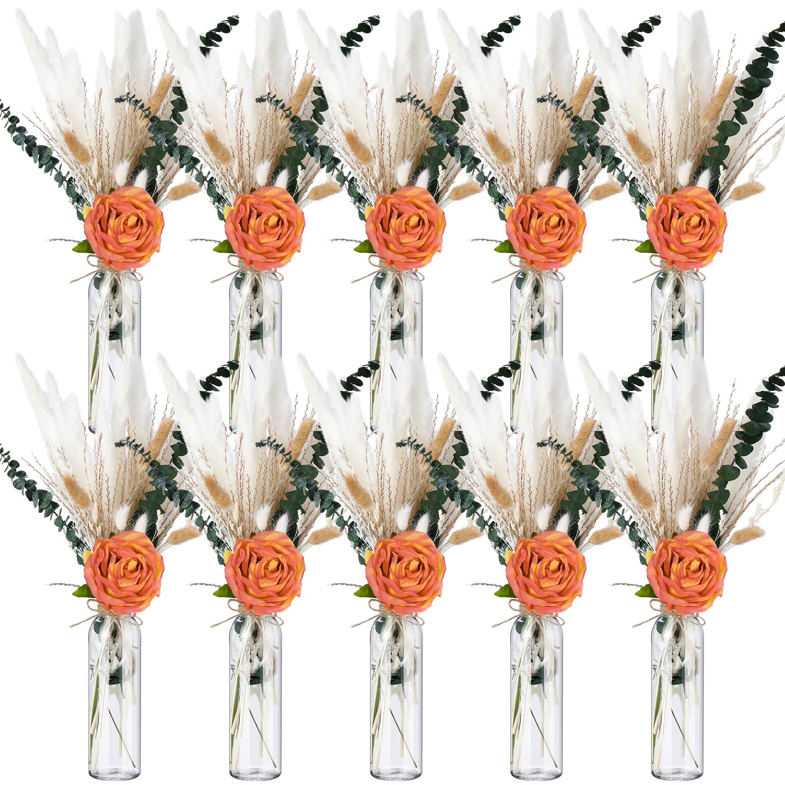 Qinyoung Lot de 10 herbes de la pampa séchées pour mariage, fête prénatale, fête, 10 pots de fleurs en verre, 10 roses artificielles, 80 herbes de pampa séchées avec corde pour décoration rustique de