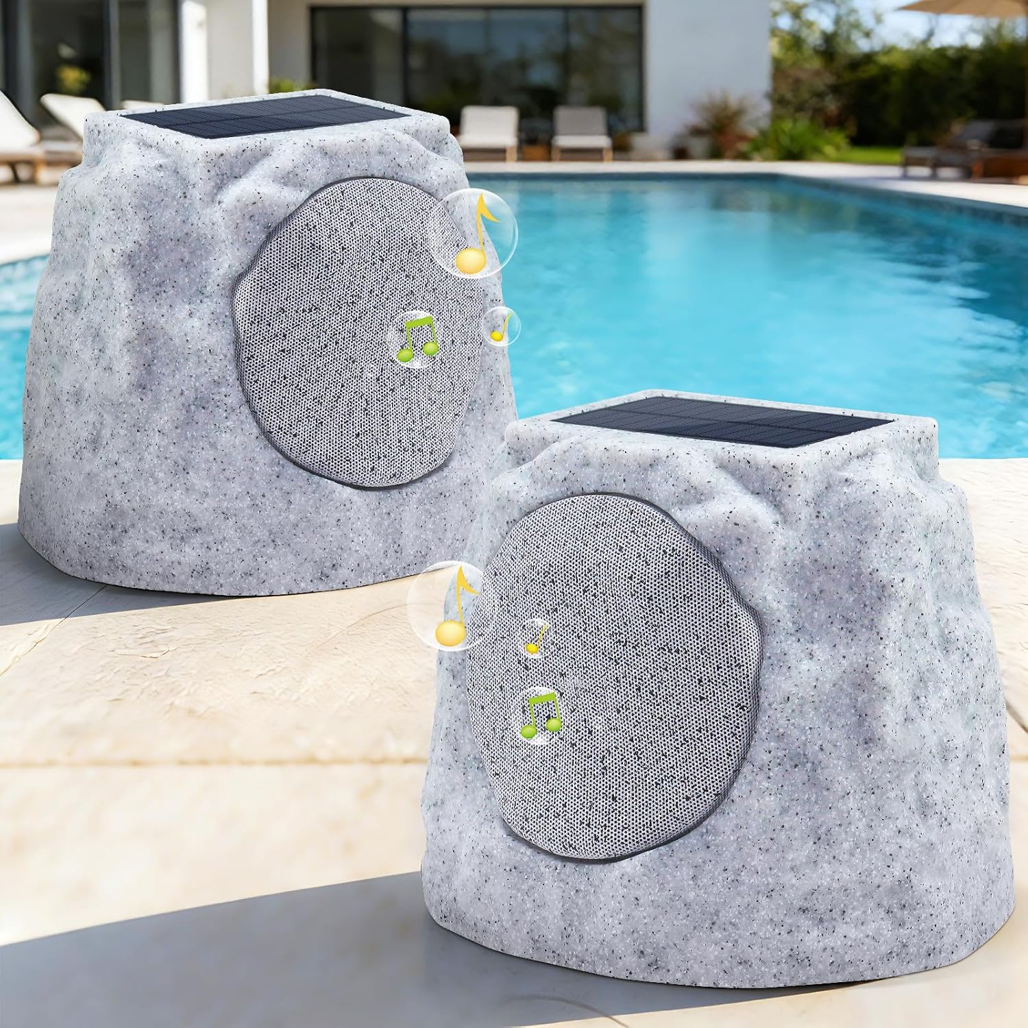 MIKK Outdoor Rock Speakers Waterproof Patio with Lights Color,Multi-Sync Up to 100 Speakers Pairing Solar Powered Rock Speaker Rechargeable for Pool Party Yard Garden Outside 2 Pack