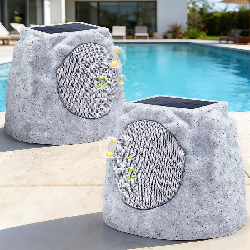 MIKK Outdoor Rock Speakers Waterproof Patio with Lights Color,Multi-Sync Up to 100 Speakers Pairing Solar Powered Rock Speaker Rechargeable for Pool Party Yard Garden Outside 2 Pack