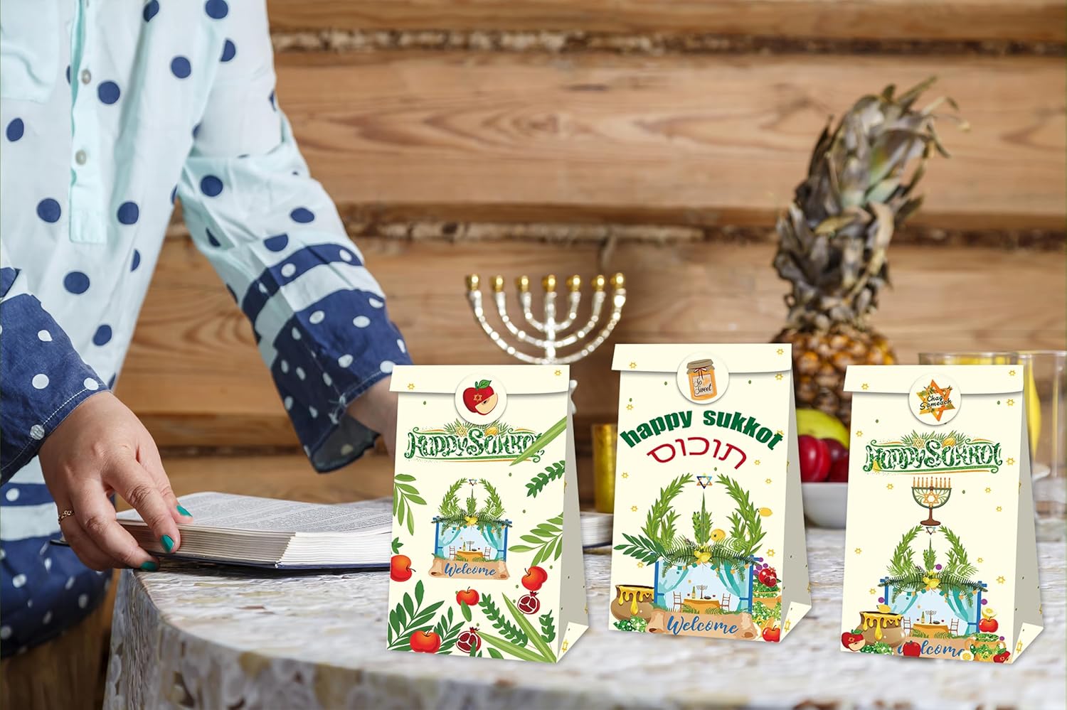 12 PCS Sukkot Gift Bags with Stickers Jewish Festival Candy Bag Grapes Figs Wheat Paper Goodie Bags Jewish Carnival Party Favors Bags Autumn Harvest Treat Bags for Sukkot Party Supplies - Image 6