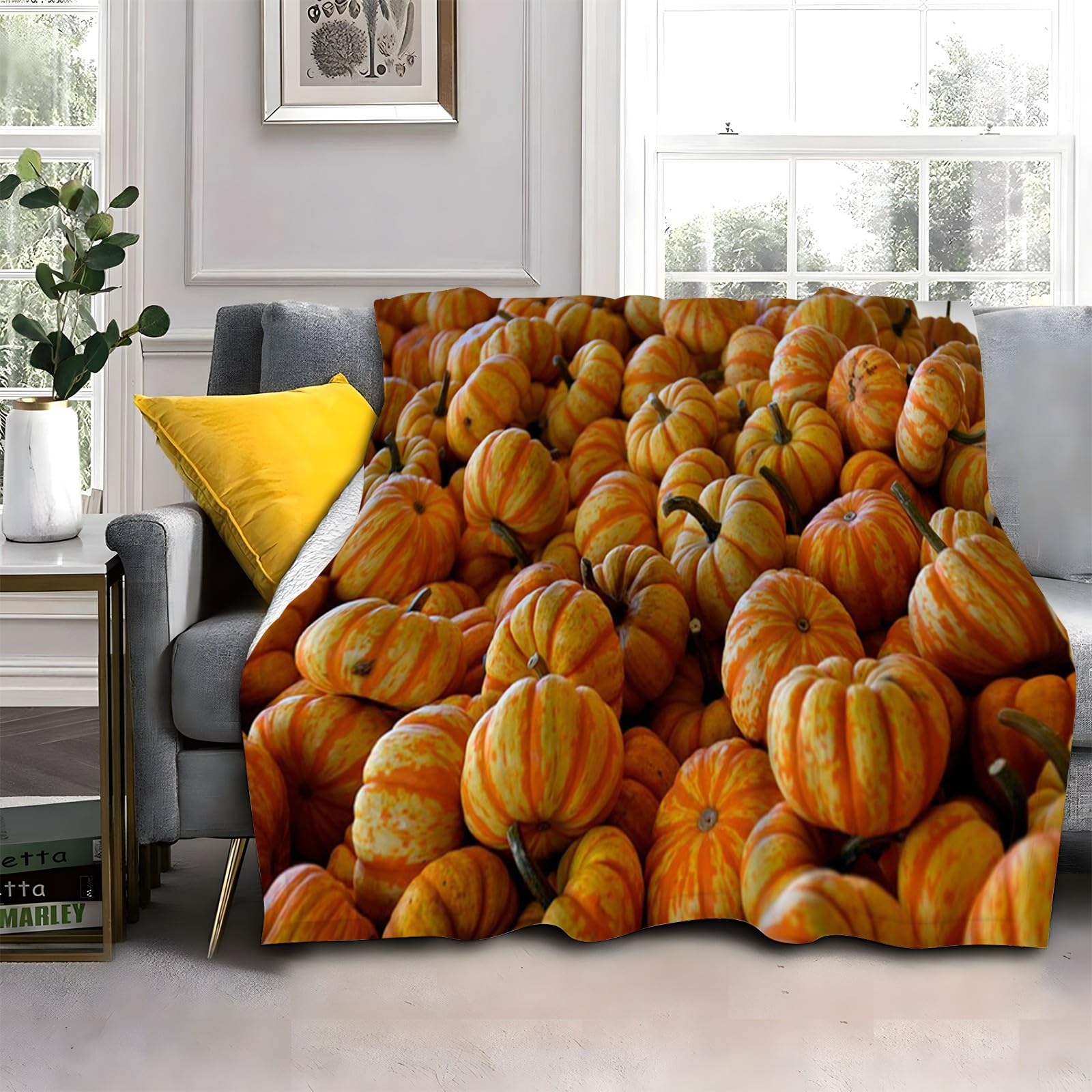 LLSZAHD Yellow Pumpkin Fleece Blanket, Plants Throw Blanket, Soft Warm Fuzzy Washable Blanket for Sofa, Chair, Lap, Travel, Pets, excellent gift (40"x60")