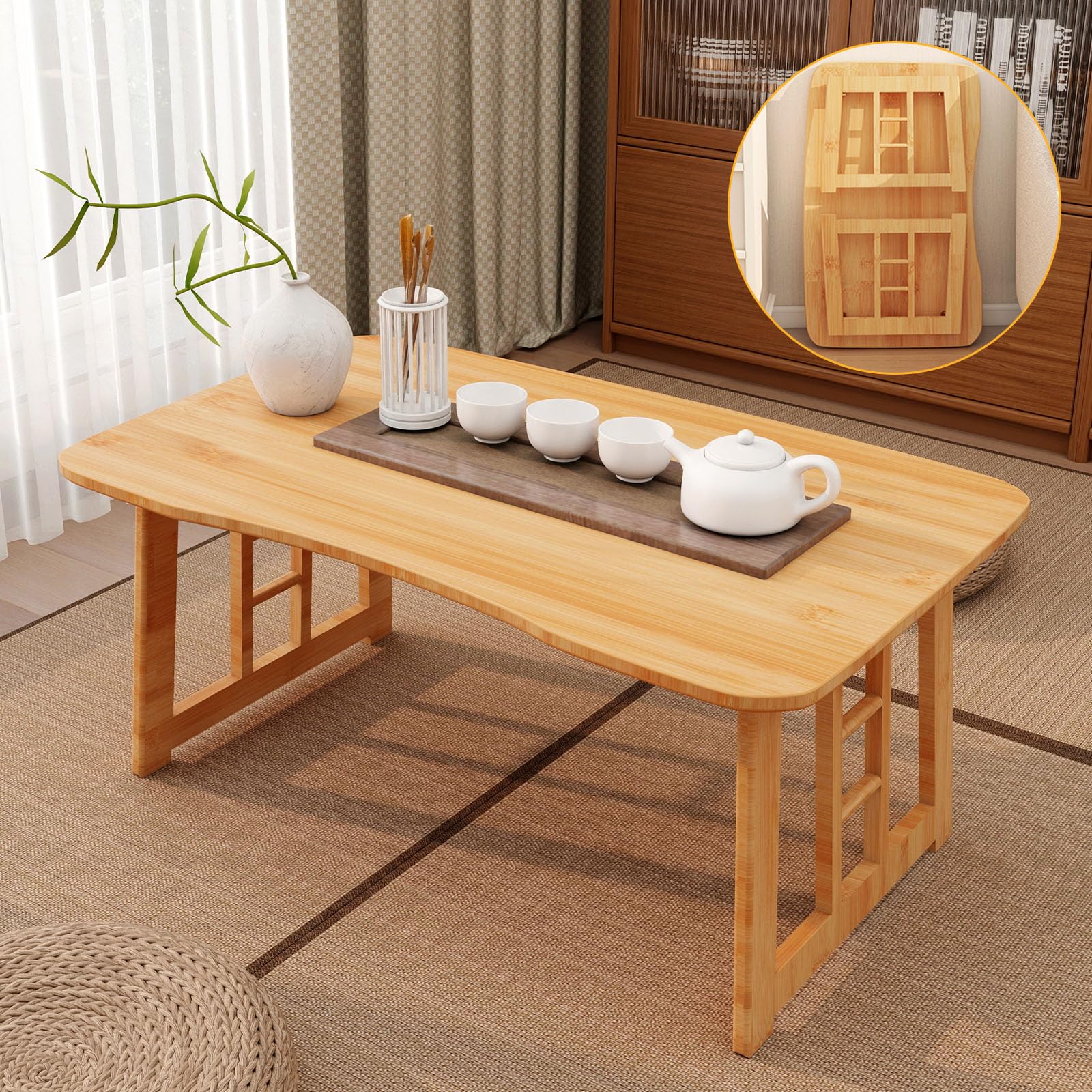 Amazon.com: OKCMTR Japanese Folding Coffee Table Bamboo Low Tea Table ...