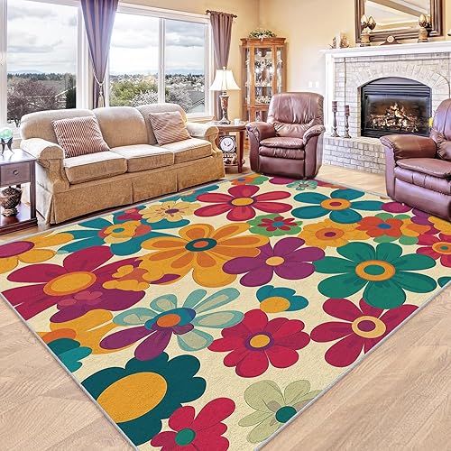 Miniatura 4 de Alfombra floral retro de 5 x 7 pies, lavable de los años 60 y 70, alfombras hippie para sala de estar, dormitorio, alfombra de área de flores