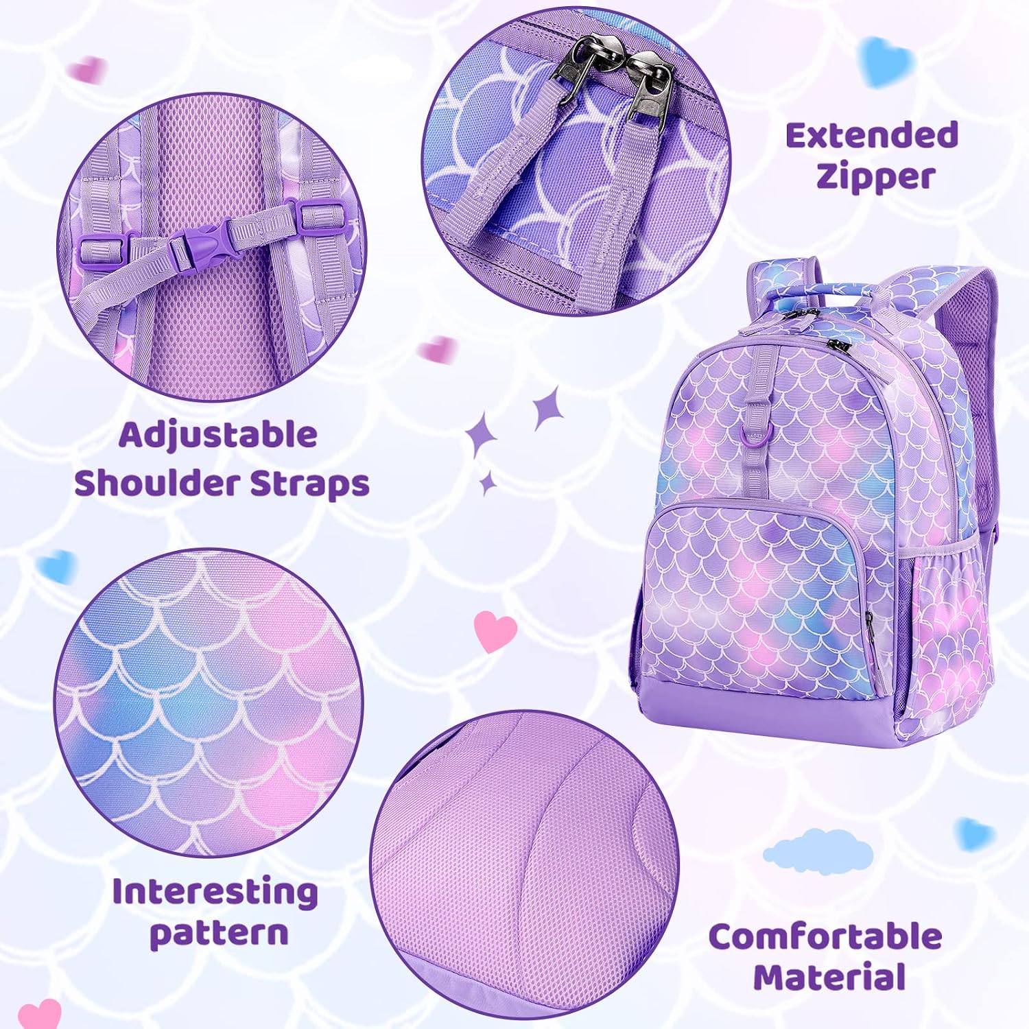 Choco Mocha Mermaid Backpack for Girls Backpack Elementary School Backpack for Kids Backpacks for Girls 17 inch Backpack for Girls 2nd 3rd Grade Mermaid Bookbag School Bag 6-8 with Chest Strap Purple