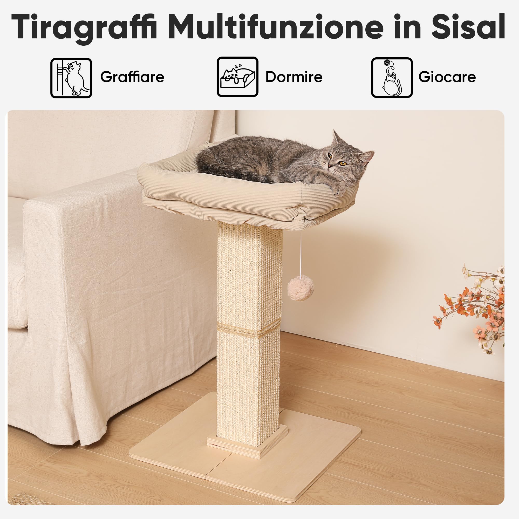 FUKUMARU Tiragraffi per Gatti, Moderno Palo Tiragraffi Alto con Cuccia per Gatti Adulti da Interno, Grande Albero Graffi con Cuccia, Struttura in Legno Massello e Sisal Naturale